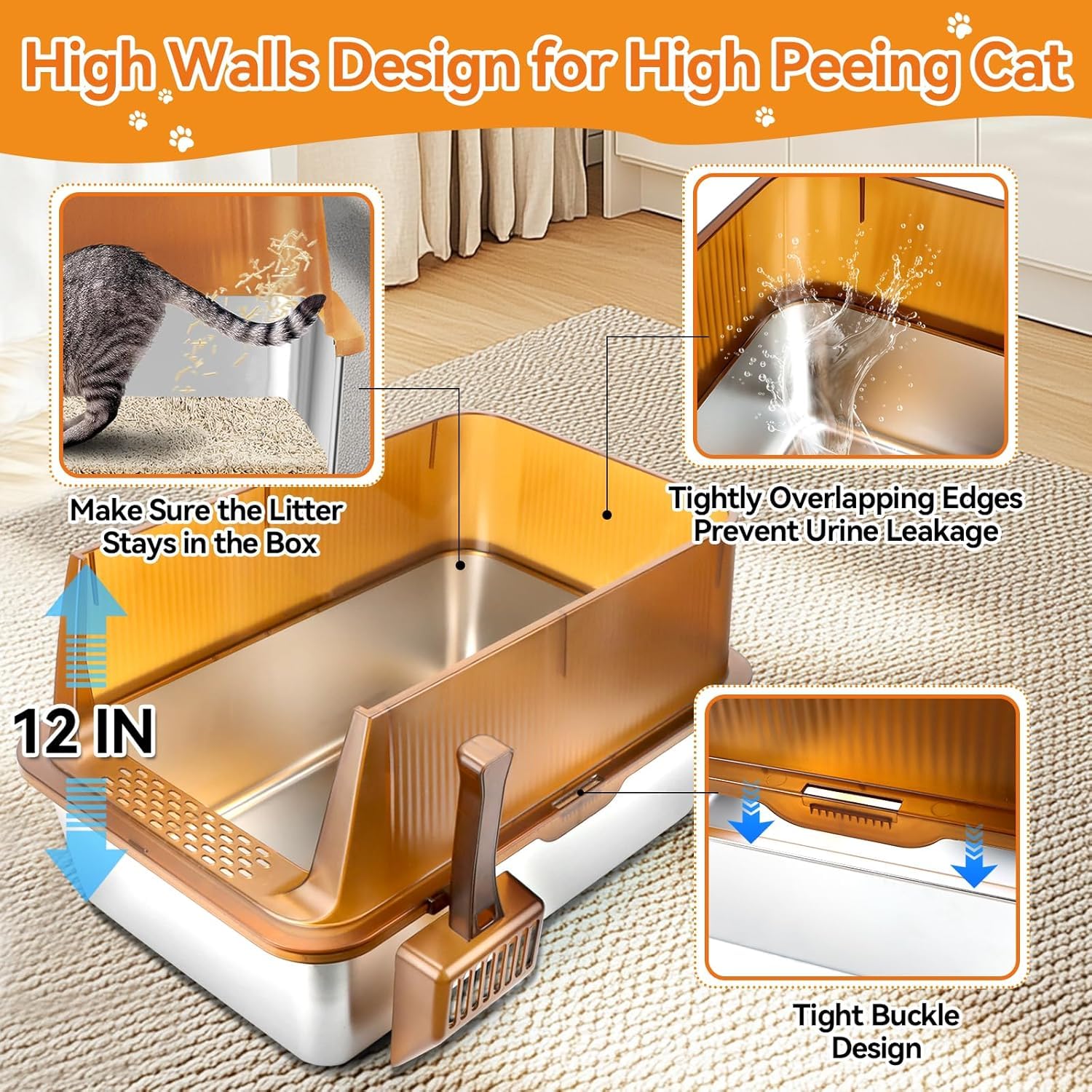 Bartuke Stainless Steel Cat Litter Box, Extra Large Semi Enclosed Litter Box For Big Cats High Sided Metal & Scoop Never Absorbs