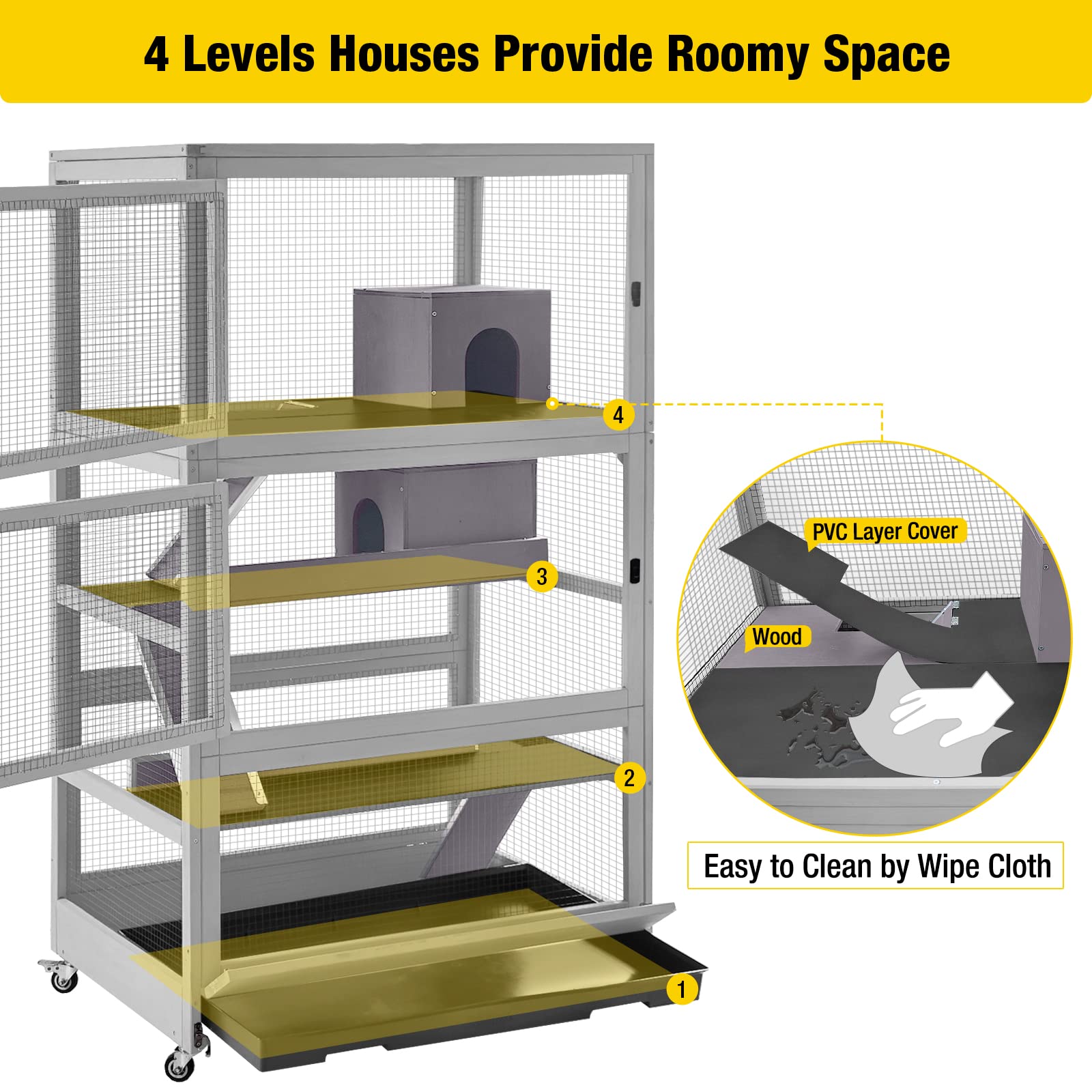 Aivituvin Chinchilla Cage Large Rolling Small Animal Cage For Adult Rats, 4 Level Critter Nation Cage Hutch For Ferret Bunny Ind