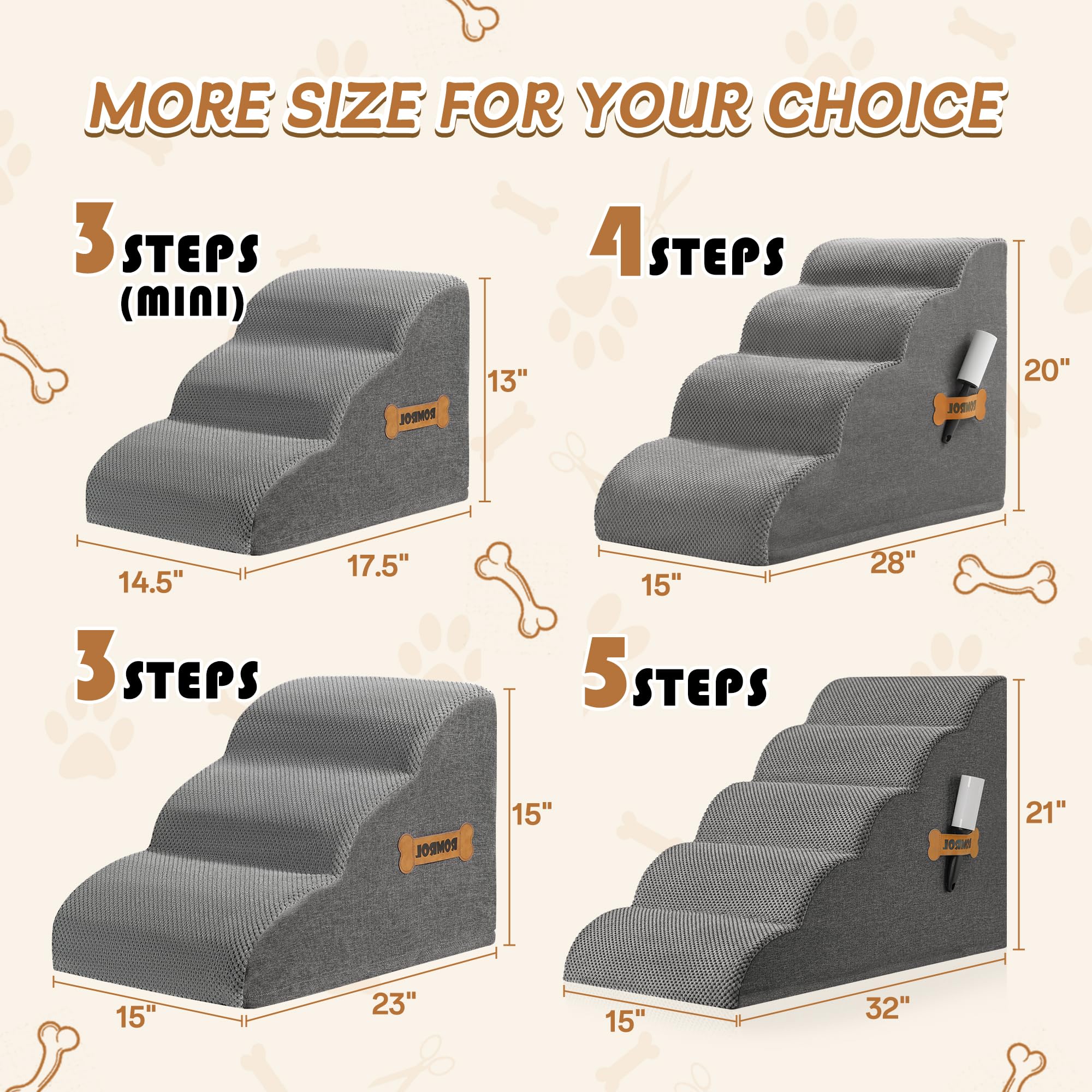 Romrol Dog Stairs Ramp For Small Dogs, Pet Stairs Steps With Durable Non-Slip Waterproof Fabric Cover, Dog Slope Stairs To Bed For Small Dogs And Cats Or Pets Joints, 5-Steps, Grey