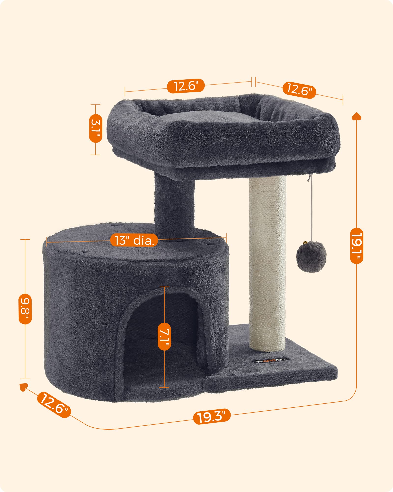 Feandrea Cat Tree, Cat Tower With Sisal-Covered Scratching Post, Cat Condo With Padded Perch, For Small Spaces, Kittens, Smoky G