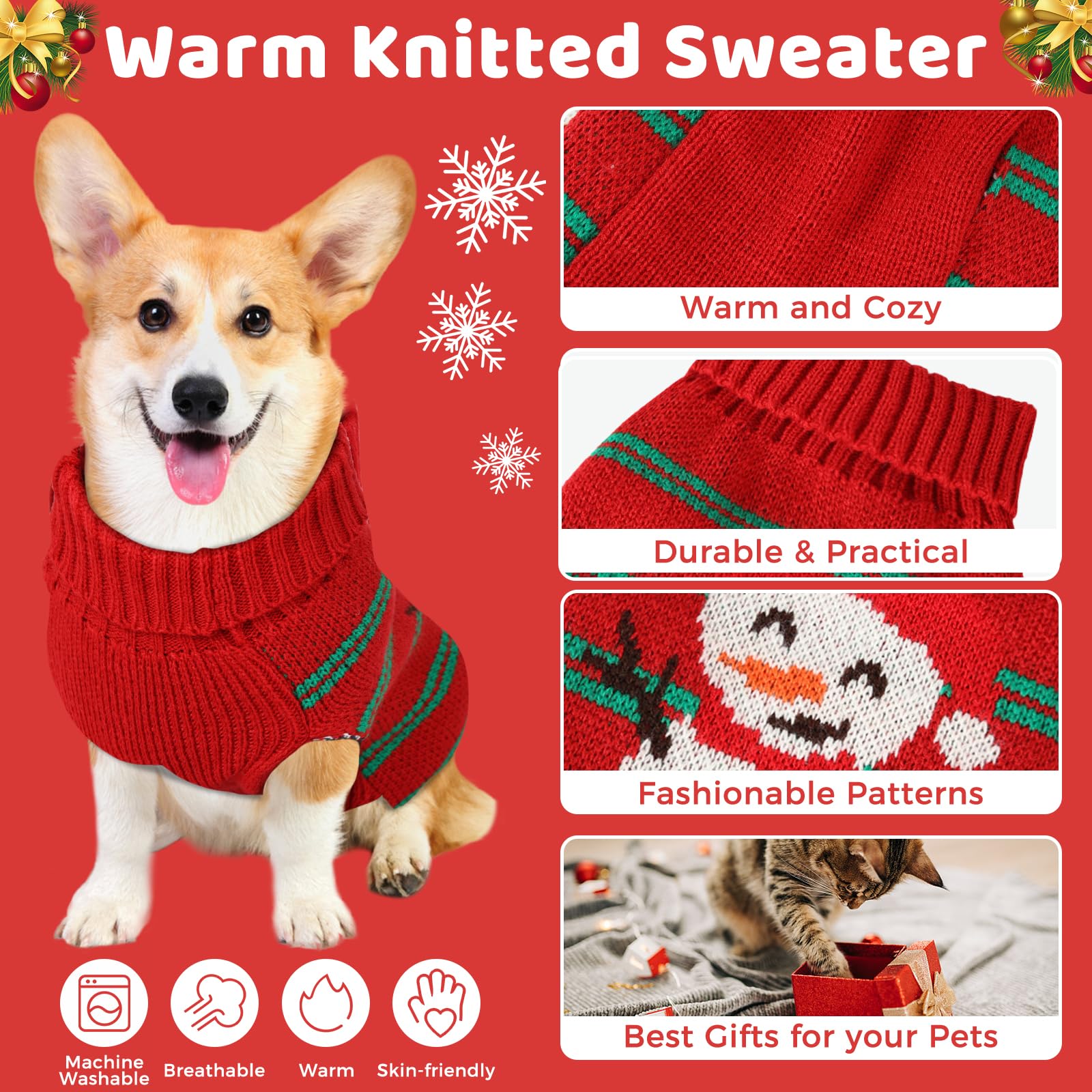 Christmas Dog Sweaters & Shirts - Soft, Warm Turtlenecks For Small To Large Dogs, Double Knit Collar For Outdoor Play, Snowman T