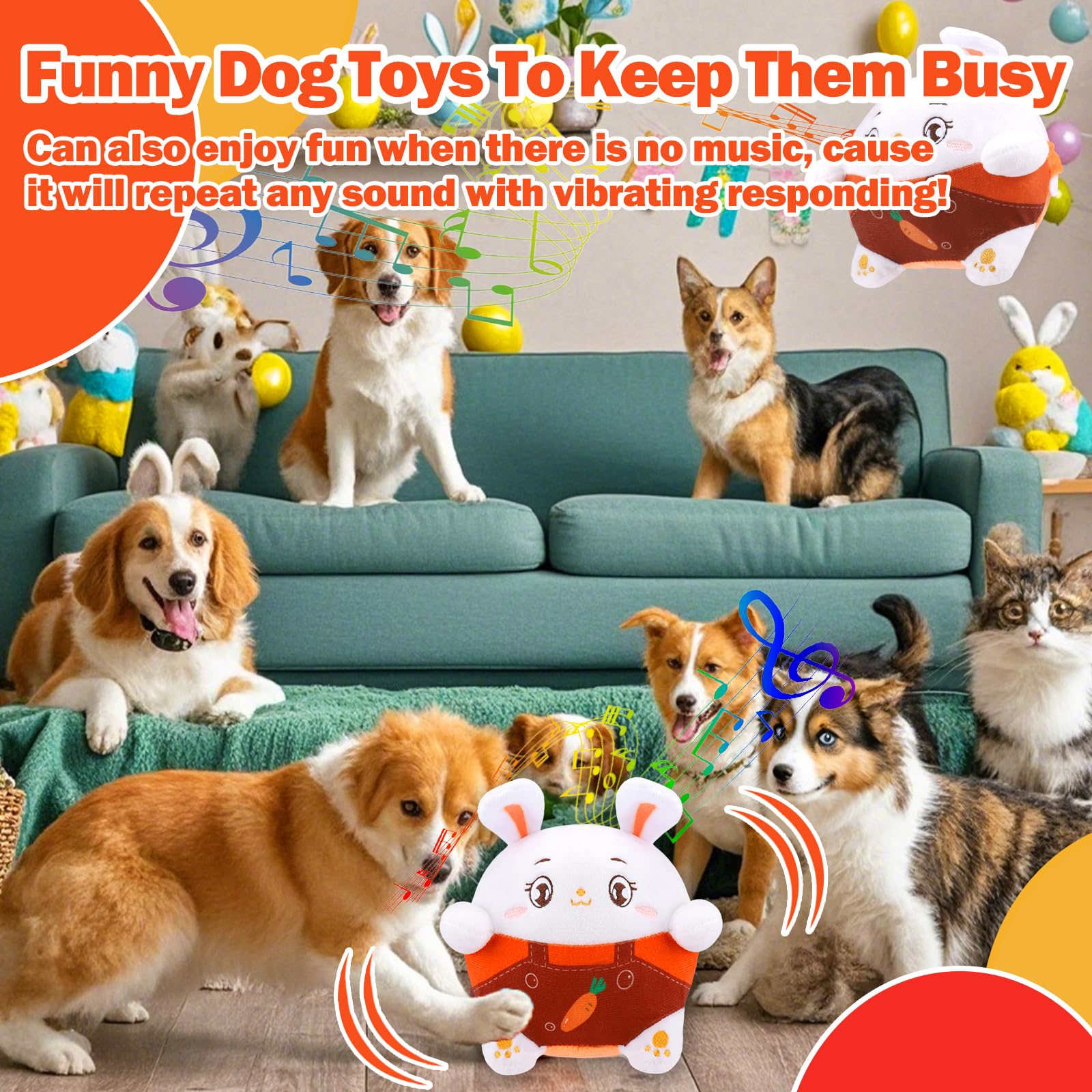 Interactive Dog Toys, Easter Dog Toys with Pop Songs & Recording Mode, Rechargeable Self Moving Ball for Small/Medium/Large Pupp