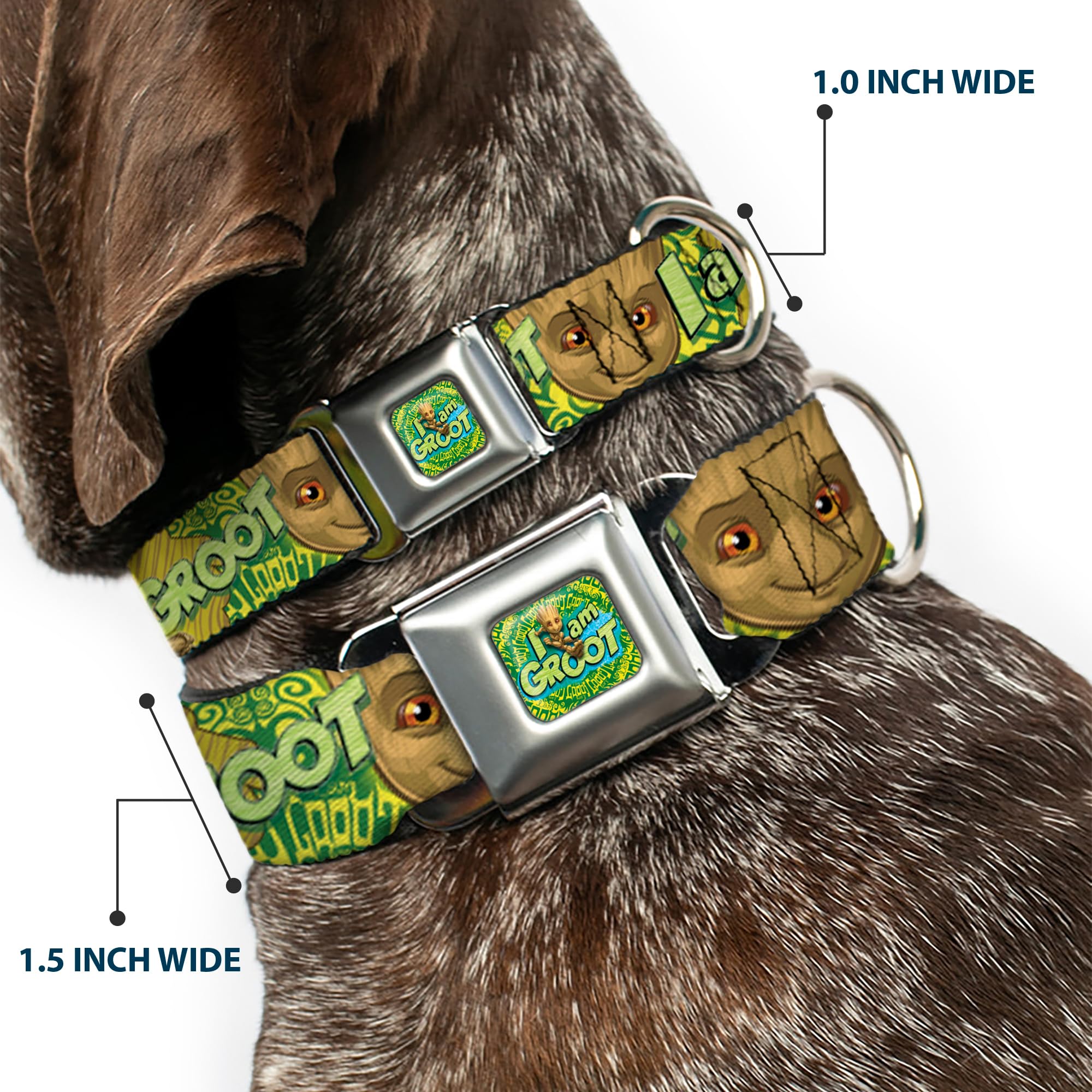 Buckle-Down Dog Collar Seatbelt Buckle Baby Groot Pose Face I Am Groot Browns Greens Yellows 16 To 23 Inches 1.5 Inch Wide, Multi Color (Dc-Sb-Mcjp-Wmc185-1.5-M)