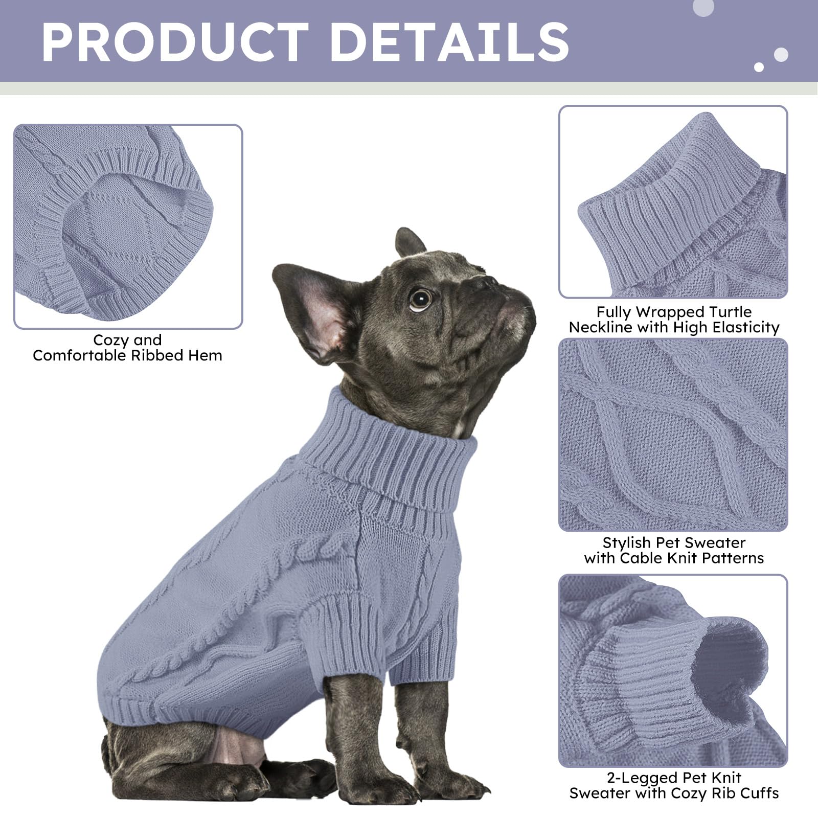 Queenmore Small Dog Pullover Sweater, Cold Weather Cable Knitwear, Classic Turtleneck Thick Warm Clothes For Chihuahua, Bulldog, Dachshund, Pug, Yorkie (Grey, Large)