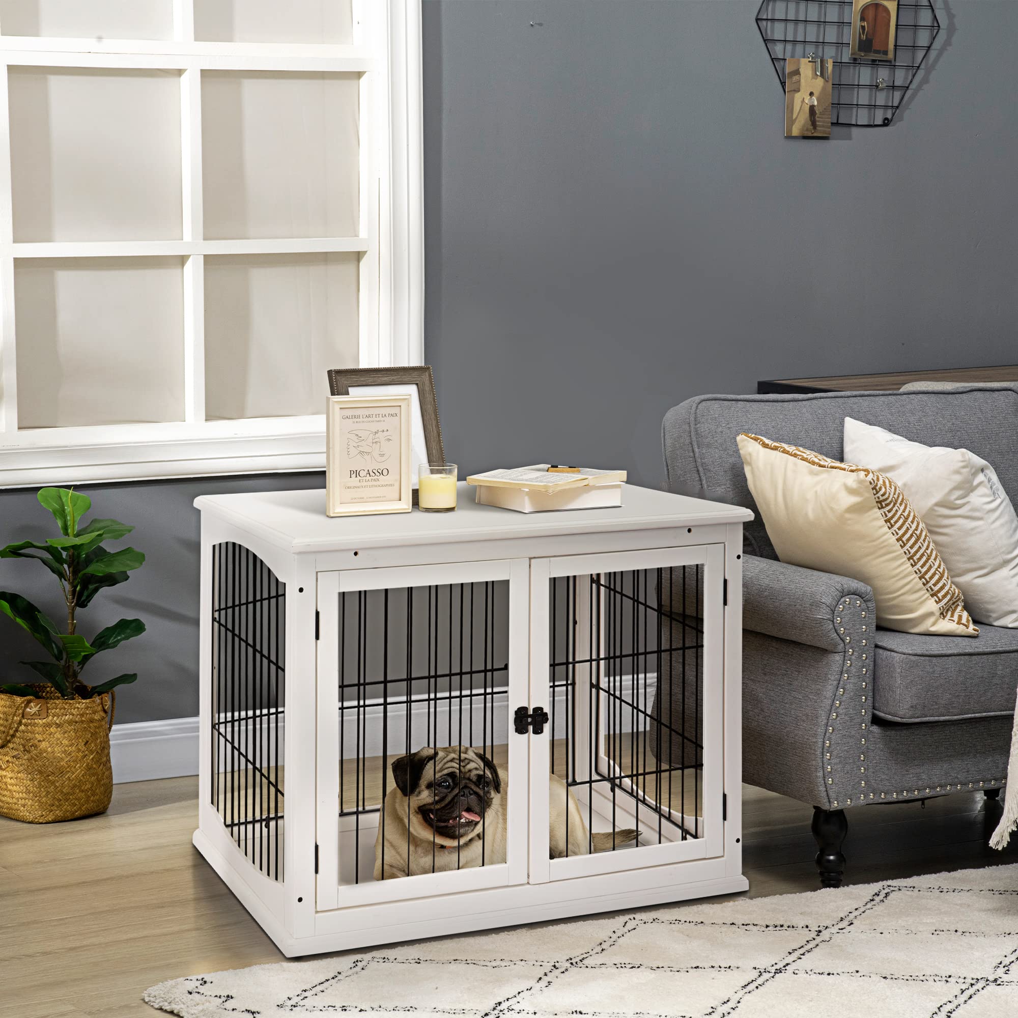 PawHut Dog Crate Furniture, Small Dog Cage End Table with Two Opening Sides, Lockable Door, Puppy Kennel Indoor, Cute and Decora