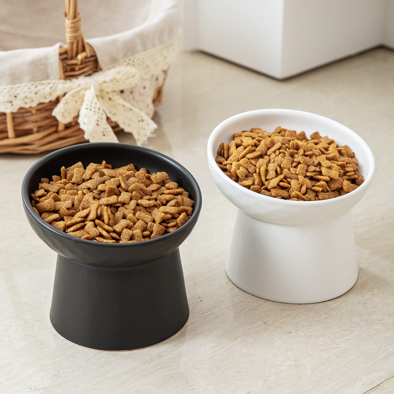 KITCHENLESTAR Ceramic Raised Cat Bowls, Elevated Tilted Cat Food and Water Bowls Set, Porcelain Stress Free Pet Feeder Dish for