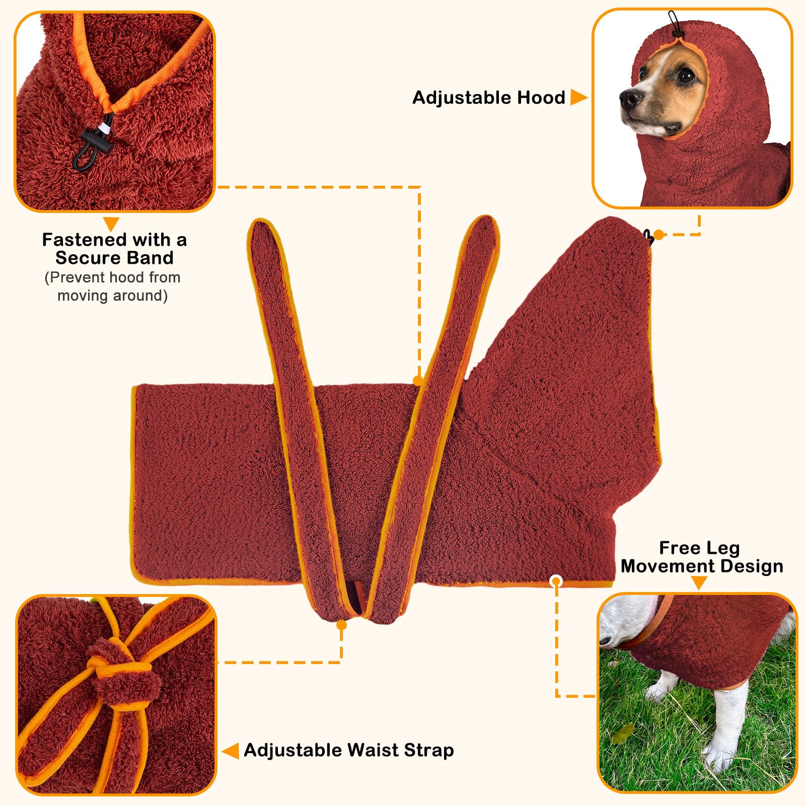 Bienbee Soft Dog Bathrobe,Super Absorbent & Quick-Drying Dog Robe With Hood, Cozy Drying Coat For After Bath, Red L