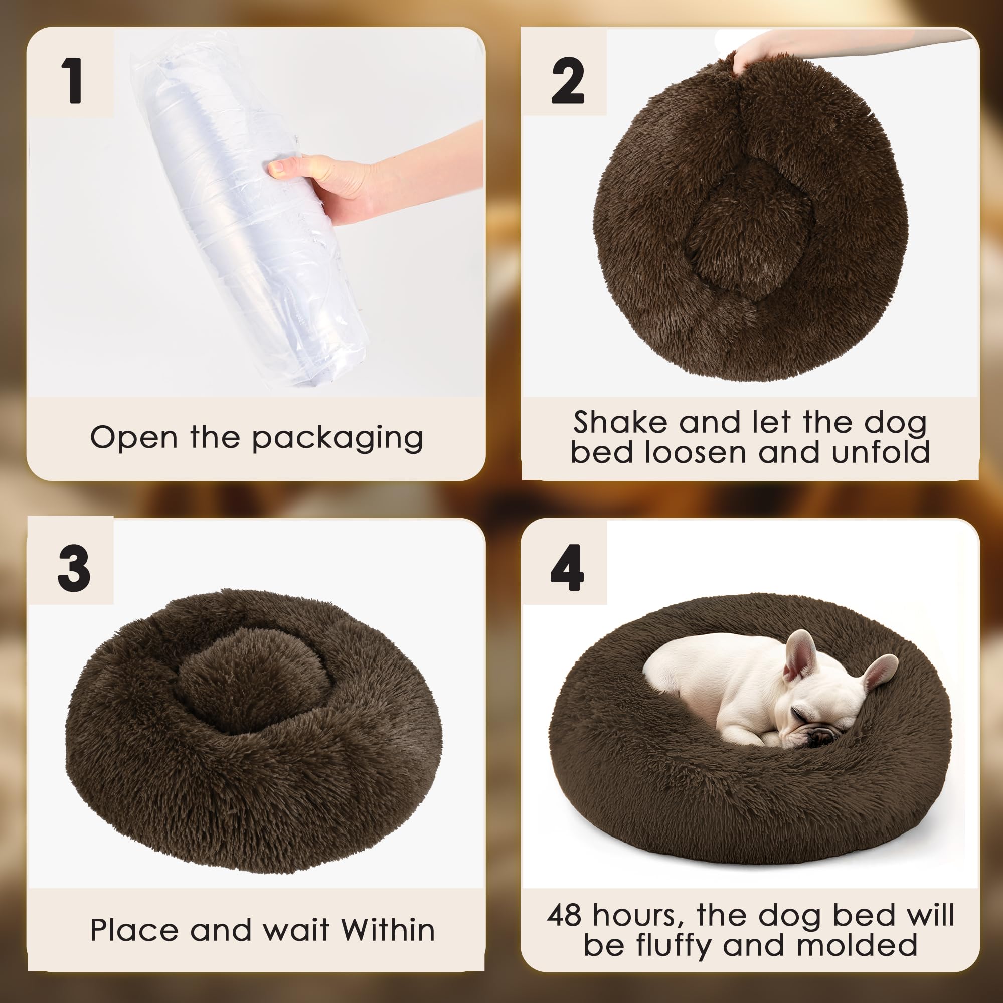 28in Large Dog Bed, Medium Size Dog and Cats, Calming Donut Bed for Puppy and Kitten, Washable Round Fluffy Pet Bed (Coffee)