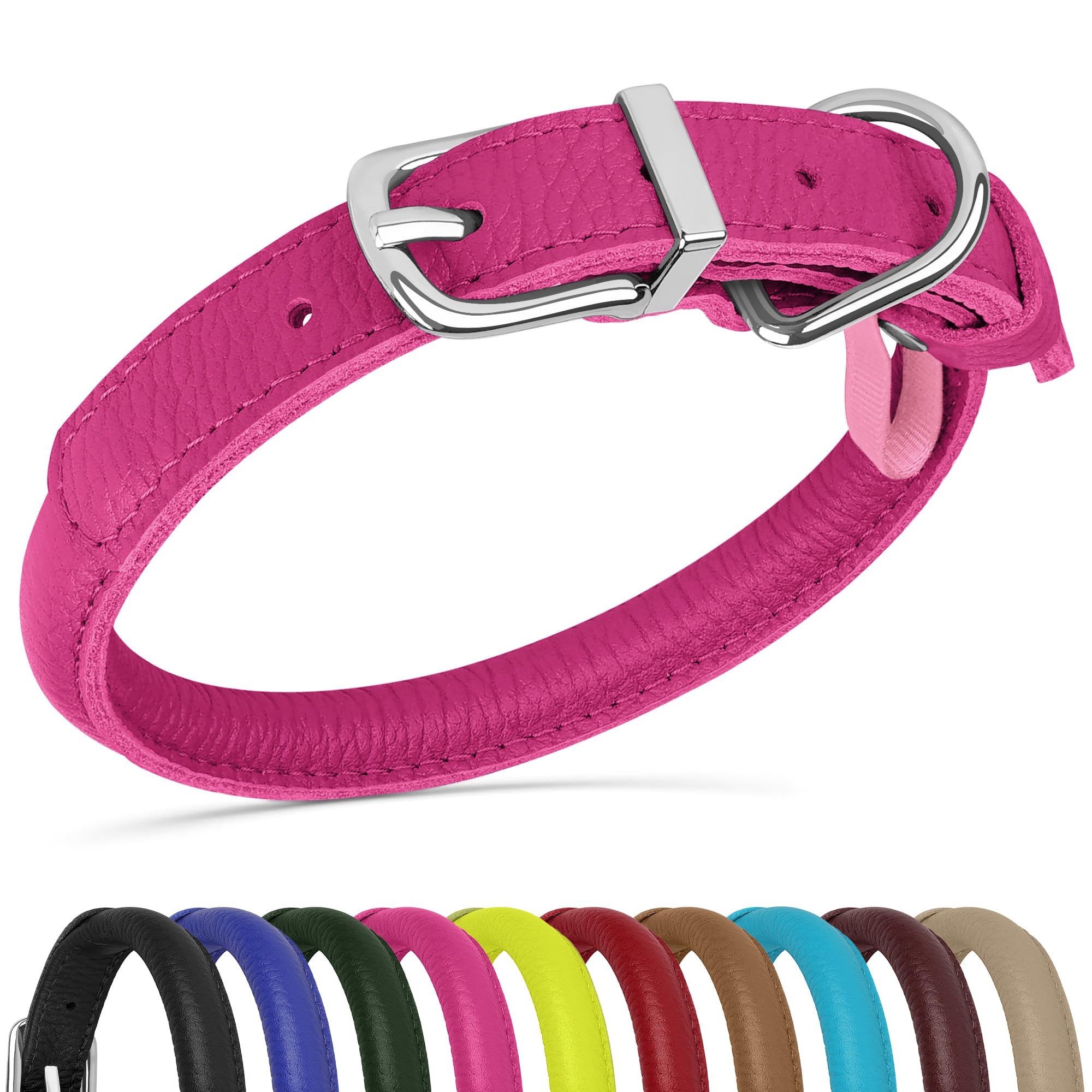 Oopsdoggy Rolled Leather Dog Collar Soft Roll Collars For Small Medium Large Dogs Puppy (Pink, S, 10''-13'')