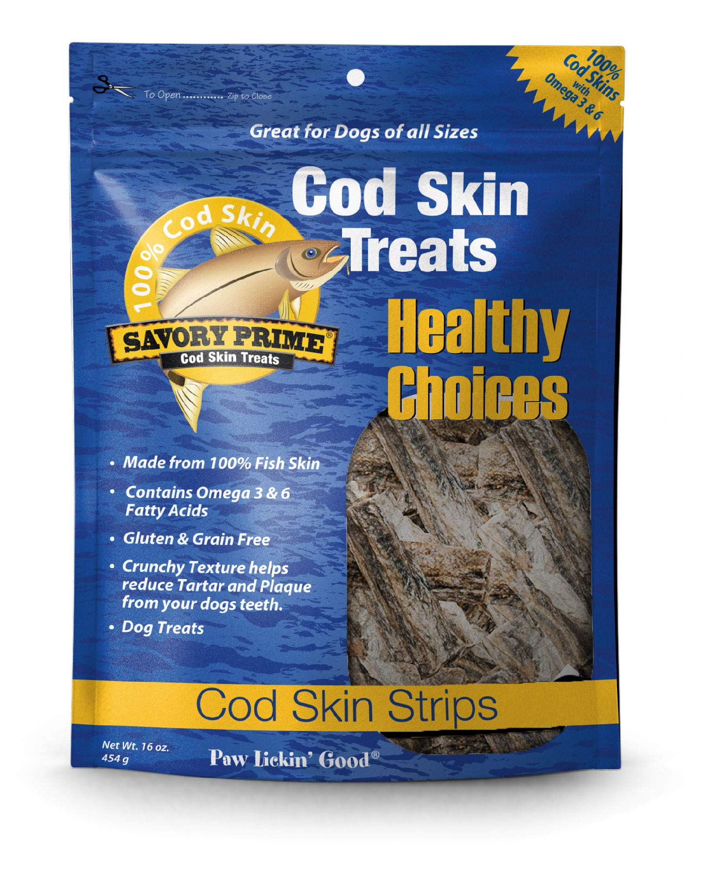 Savory Prime Cod Skin Fish Strips, 16Ounce, No Artificial Color, All Breed Sizes (62016)