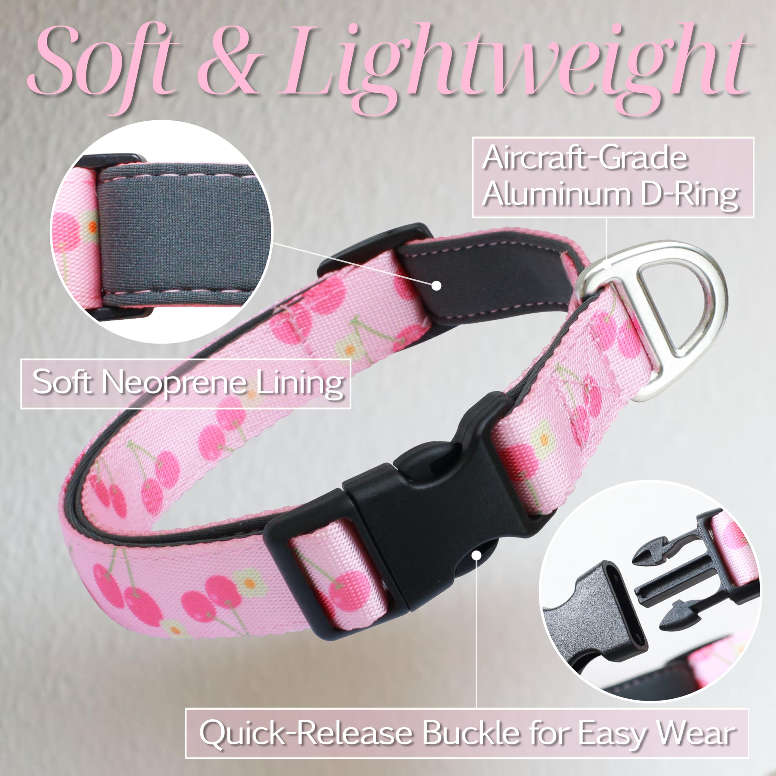 Jc House Small Dog Collar With Reflective Logo And Soft Padded Neoprene,Pink Cherry Design, Adjustable,Lightweight & Durable, Ne