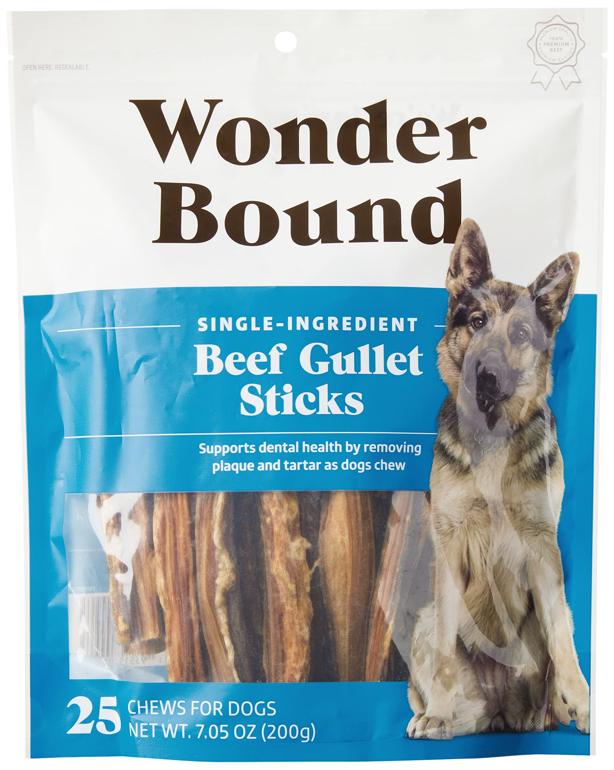 Amazon Brand - Wonder Bound Beef Gullet Sticks Dog Treats, 5-6 Inch, Pack of 25, Highly Digestible, Minimally Processed, 7.05 Ou