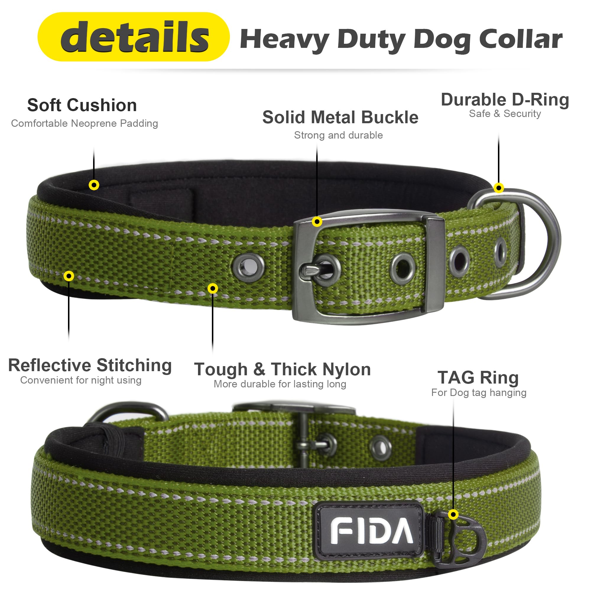 Fida Heavy Duty Dog Collar For Large Dogs, Ultra Comfortable Soft Neoprene Padded, Adjustable Reflective Nylon Pet Collar With D