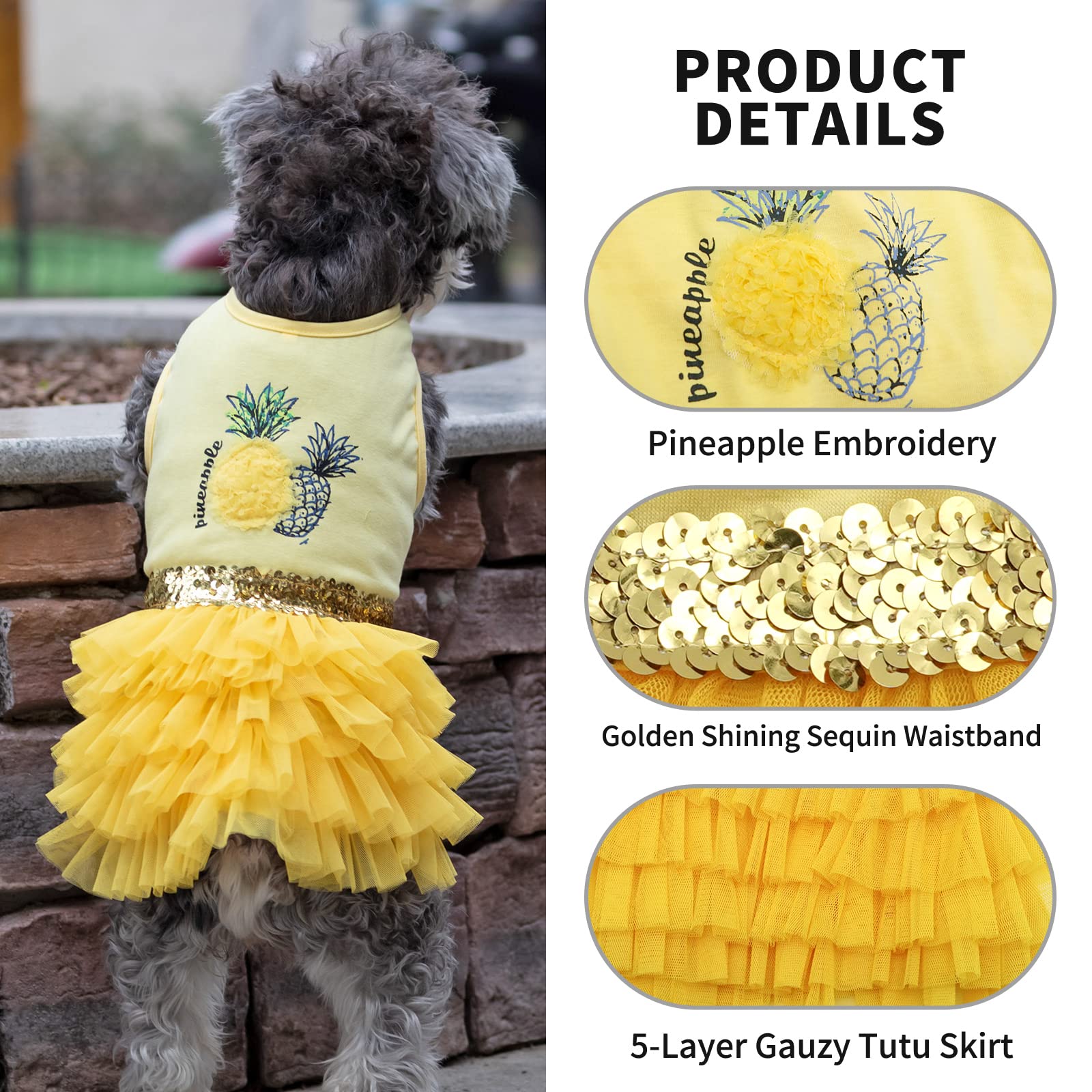 Kyeese Dog Dress Pineapple Yellow Tiered Dogs Beach Dresses With Sequins For Small Dogs Spring Summer
