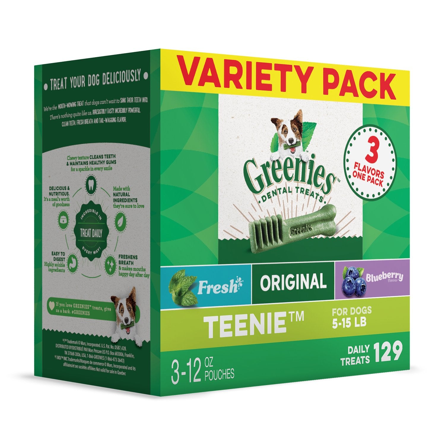 GREENIES TEENIE Natural Dog Dental Care Chews Oral Health Dog Treats 3-Flavor Variety Pack, (3) 12 oz. Pouches, 129 Total Treats