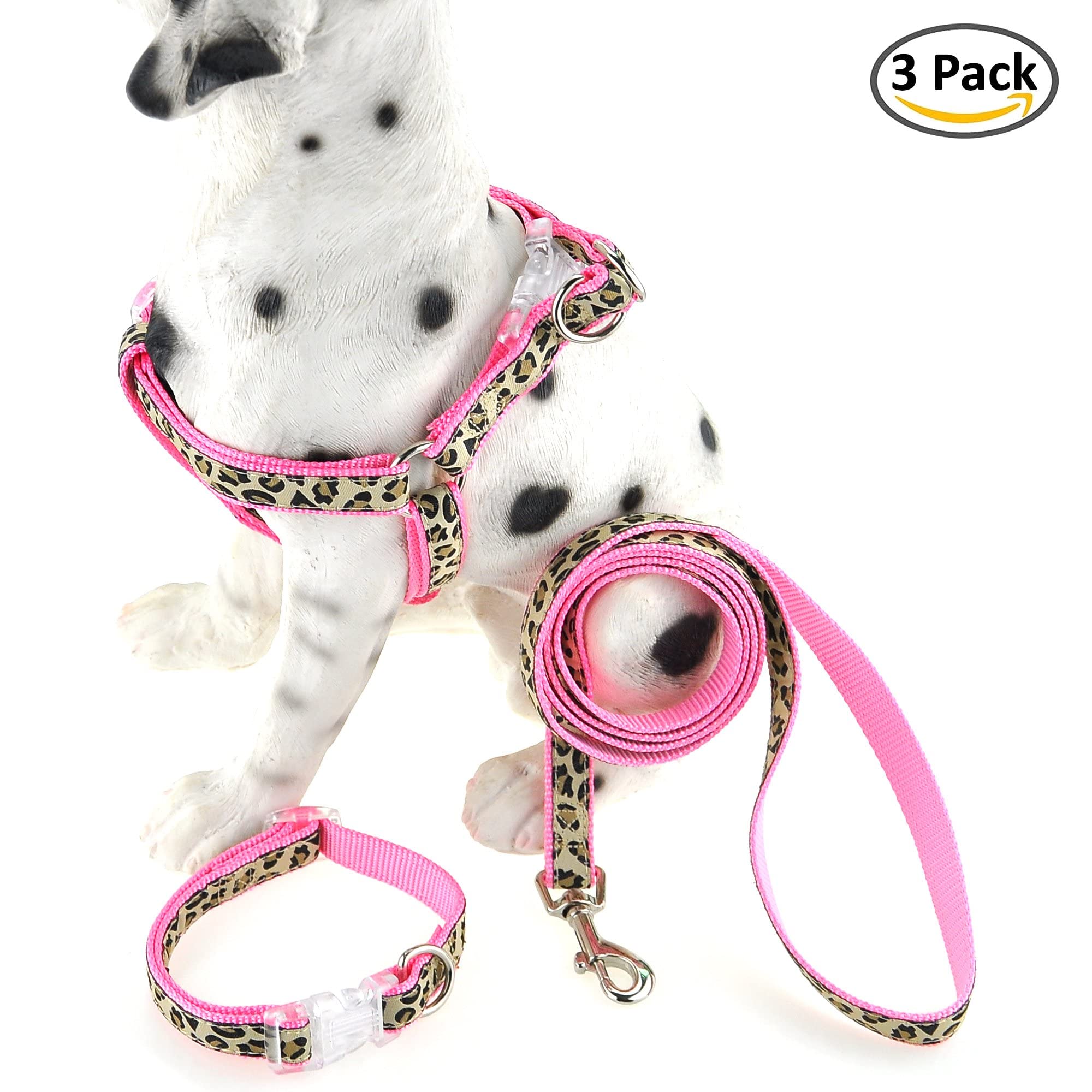 Mile High Life Dog Collar, Harness & Leash Set | Leopard Design | X-Small 8"-12" | Pink, Soft Durable Nylon