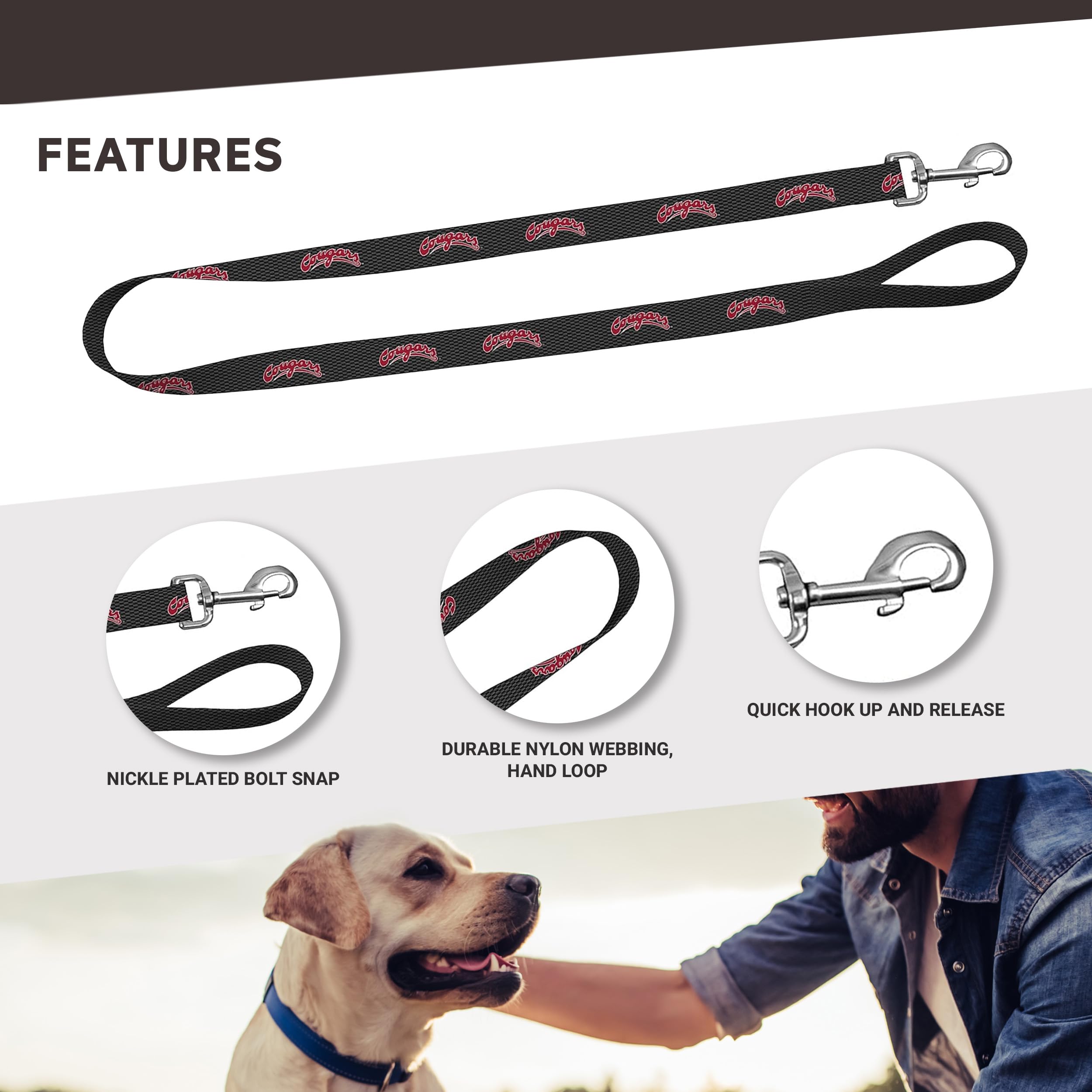 Moose Pet Wear Dog Leash - Washington State University Cougars Pet Leash, 3/4 Inch Wide X 6 Feet Long, Cougars On Carbon Fiber