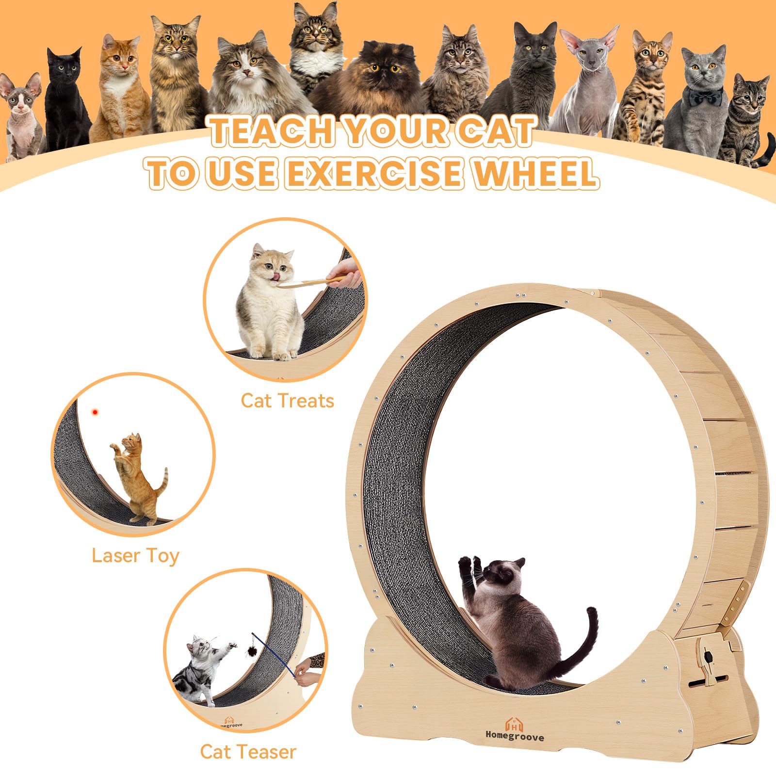 Homegroove Cat Exercise Wheel - 35.4 Inch Treadmill, Detachable Carpet, Natural Wood, Size M, Model 619107758389