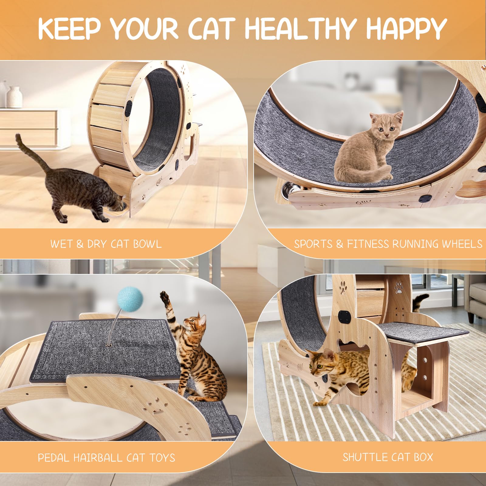 Upgraded Cat Wheel Exerciser For Indoor,Large Cats Treadmill,Cats Running Wheel With Silent Wheels,Loss Weight Device (Wood)