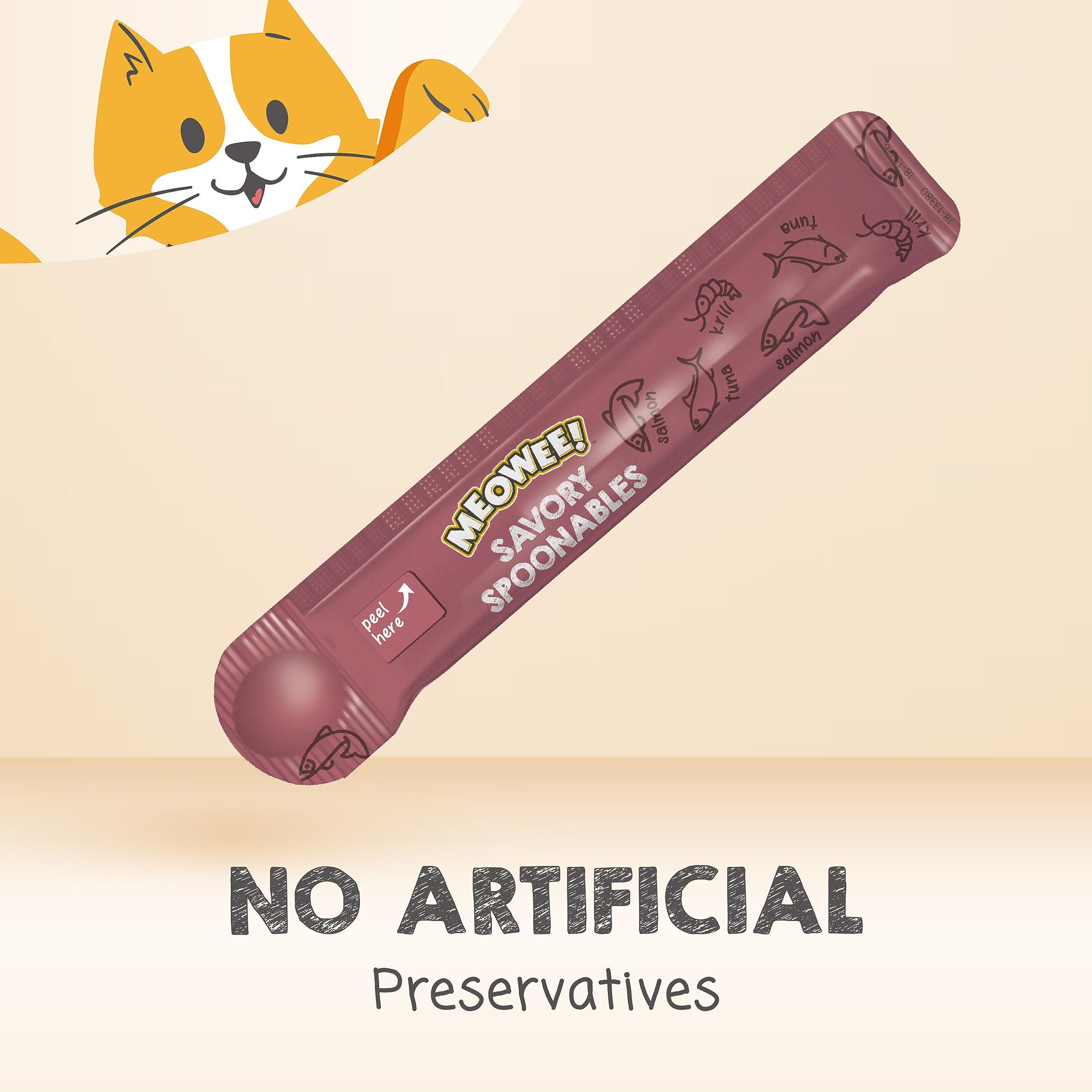 MEOWEE! Savory Spoonables with Real Salmon, Tuna & Krill, 8 Count Tube, Triple Flavor Squeezable Lickable Wet Treats for Cats wi
