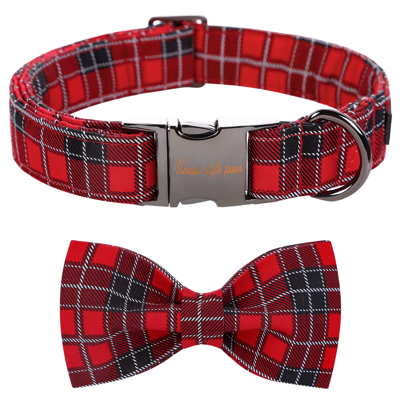Unique Style Paws Christmas Dog Collar With Bow Tie Red Black Grid Cotton Collar Adjustable Puppy Plaid Collar For Small Medium 