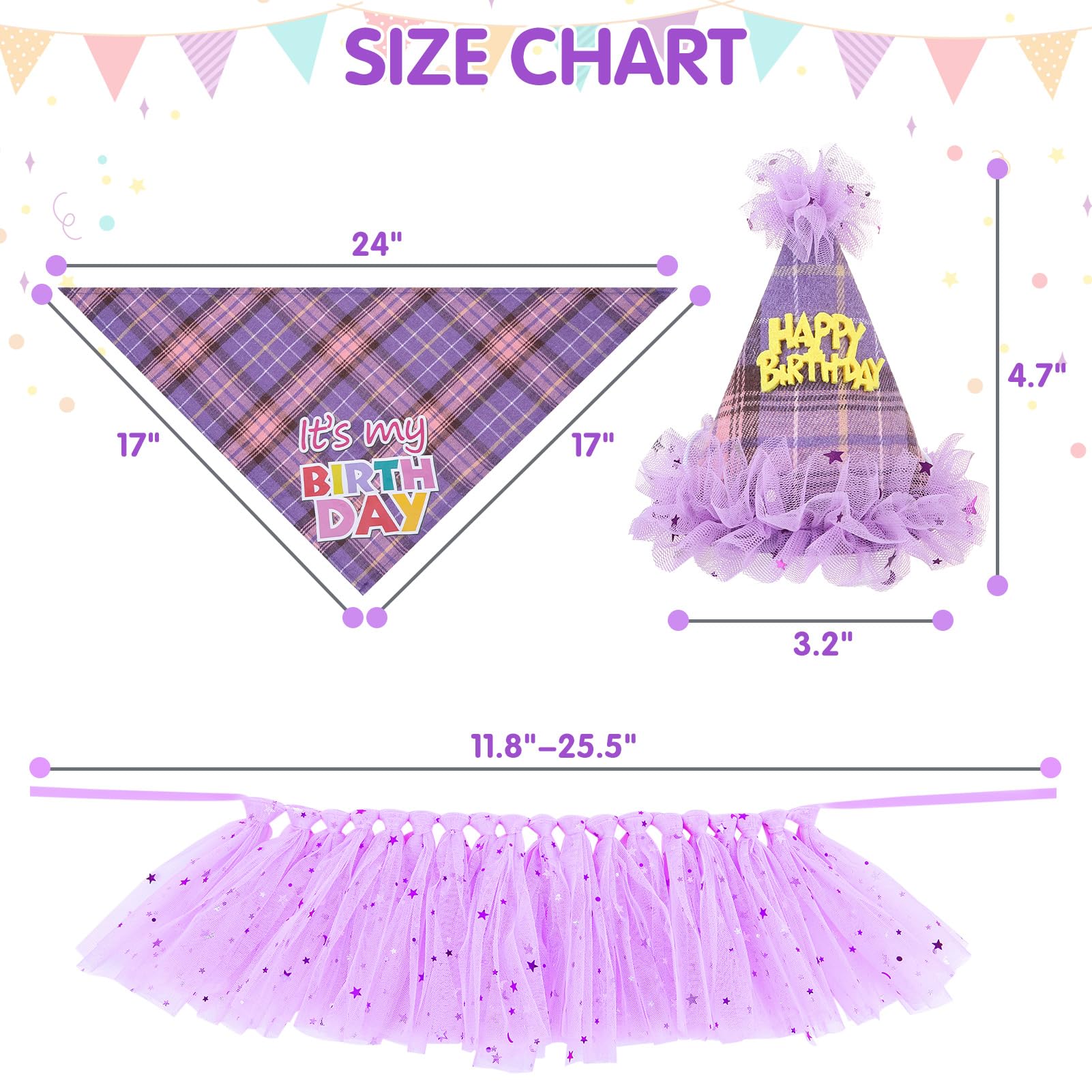 SCENEREAL Dog Birthday Bandana Hat with Dress Girl Set Party Supplies Plaid Puppy Birthday Outfit Cute Dog Tutus for Small Mediu