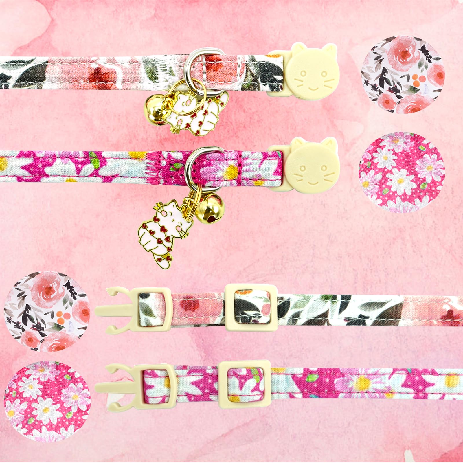 Elegant Little Tail 2 Pack Cat Collar-Pink Floral Print Cotton Breakaway Cat Collars With Bell Pendant Kitten Safety Adjustable