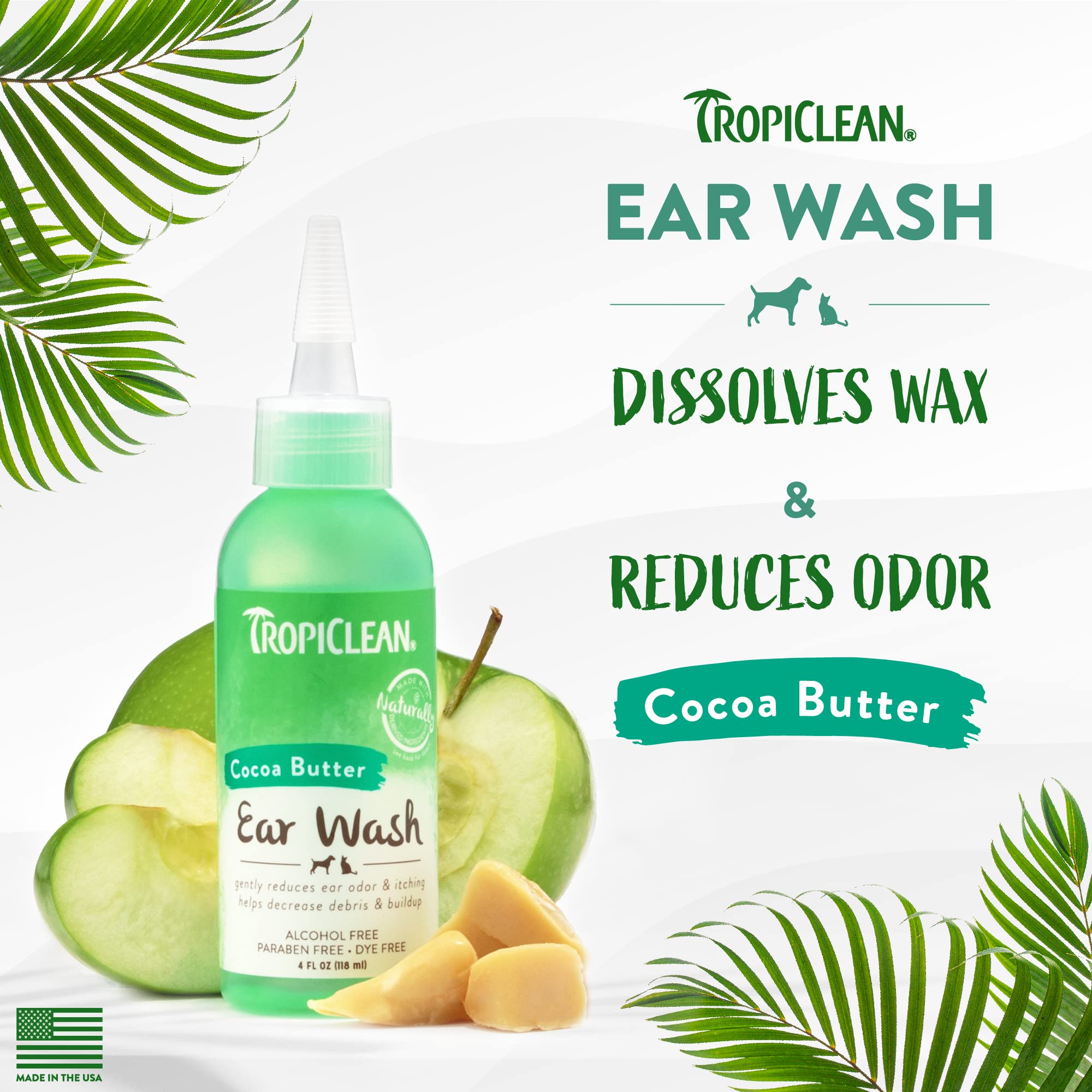 TropiClean Dog Ear Wash, Vet Recommended Ear Cleaning Solution for Itch Relief, Odor Eliminating, Non Stinging Alcohol-Free, Cat