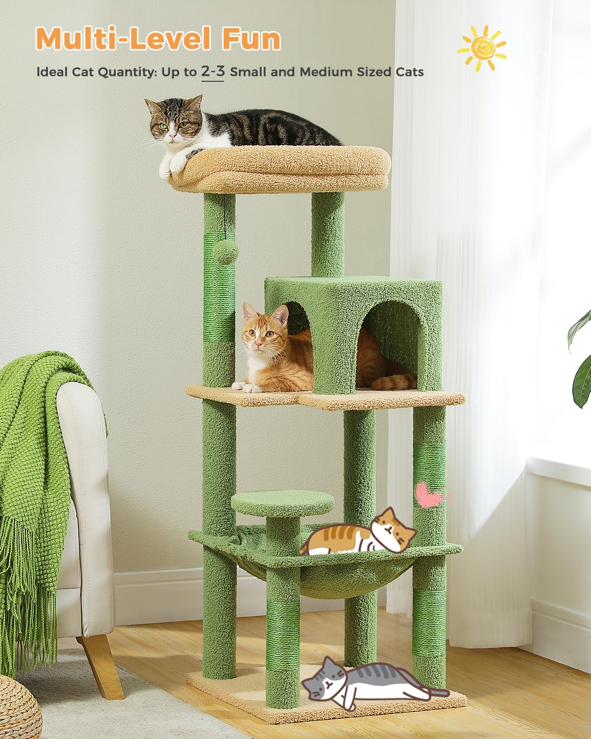 Muttros Cactus Cat Tree For Indoor Cats, 45.7' Multi-Level Cat Tower With Large Metal Frame Hammock, Cat Condo With 4 Scratching Posts And Top Perch For Small Medium Cat, Green