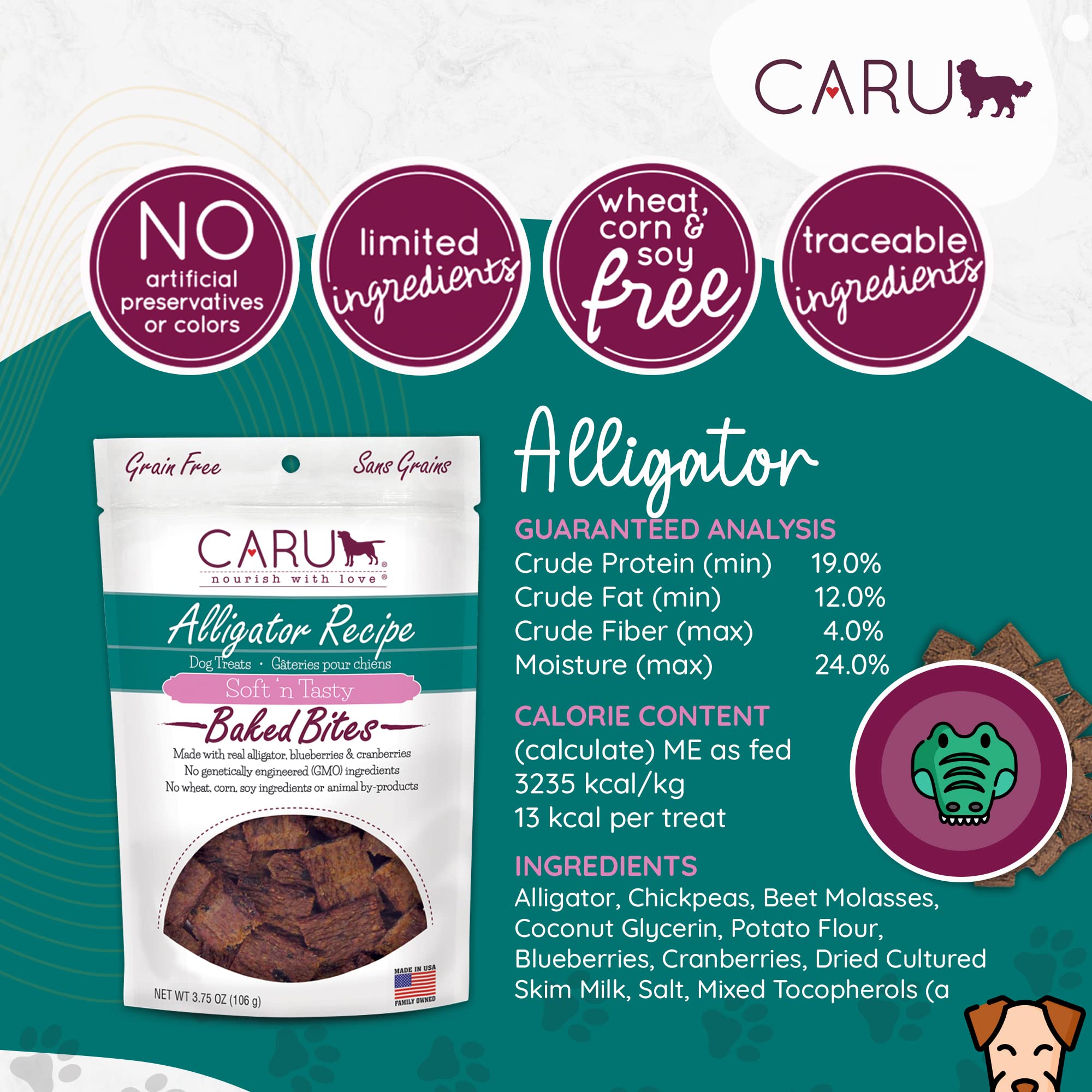 CARU - Soft n Tasty Baked Bites - Alligator Bites Dog Treats - Flavorful Training Treats - 3.75 oz