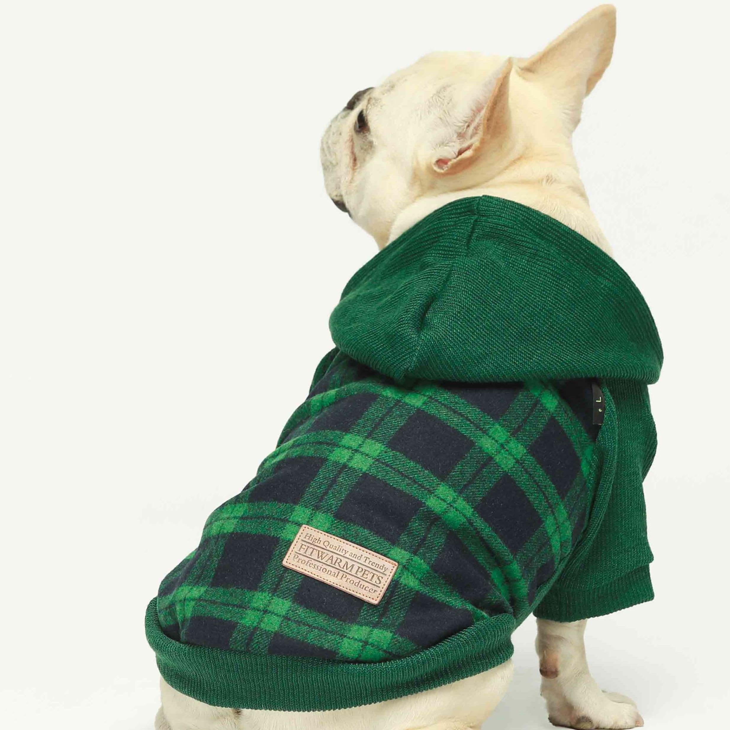 Fitwarm Tartan Plaid Dog Hoodie, Knitted Dog Clothes for Small Dogs Boy, Pet Sweater with Hood, French Bulldog Winter Outfit, Gr