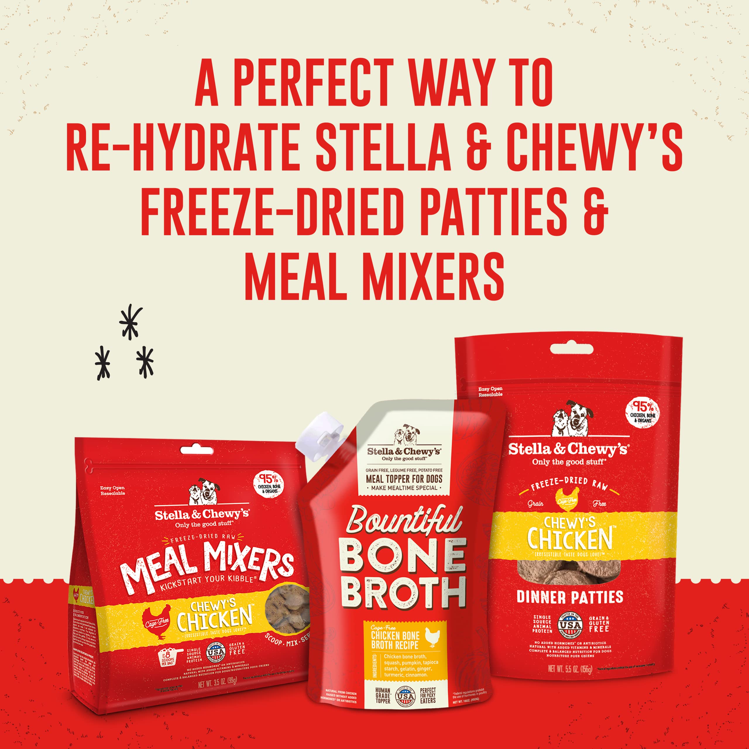 Stella & Chewys Bountiful Bone Broth Cage-Free Chicken Recipe Meal Topper for Dogs, 16 Oz. Resealable Pouch