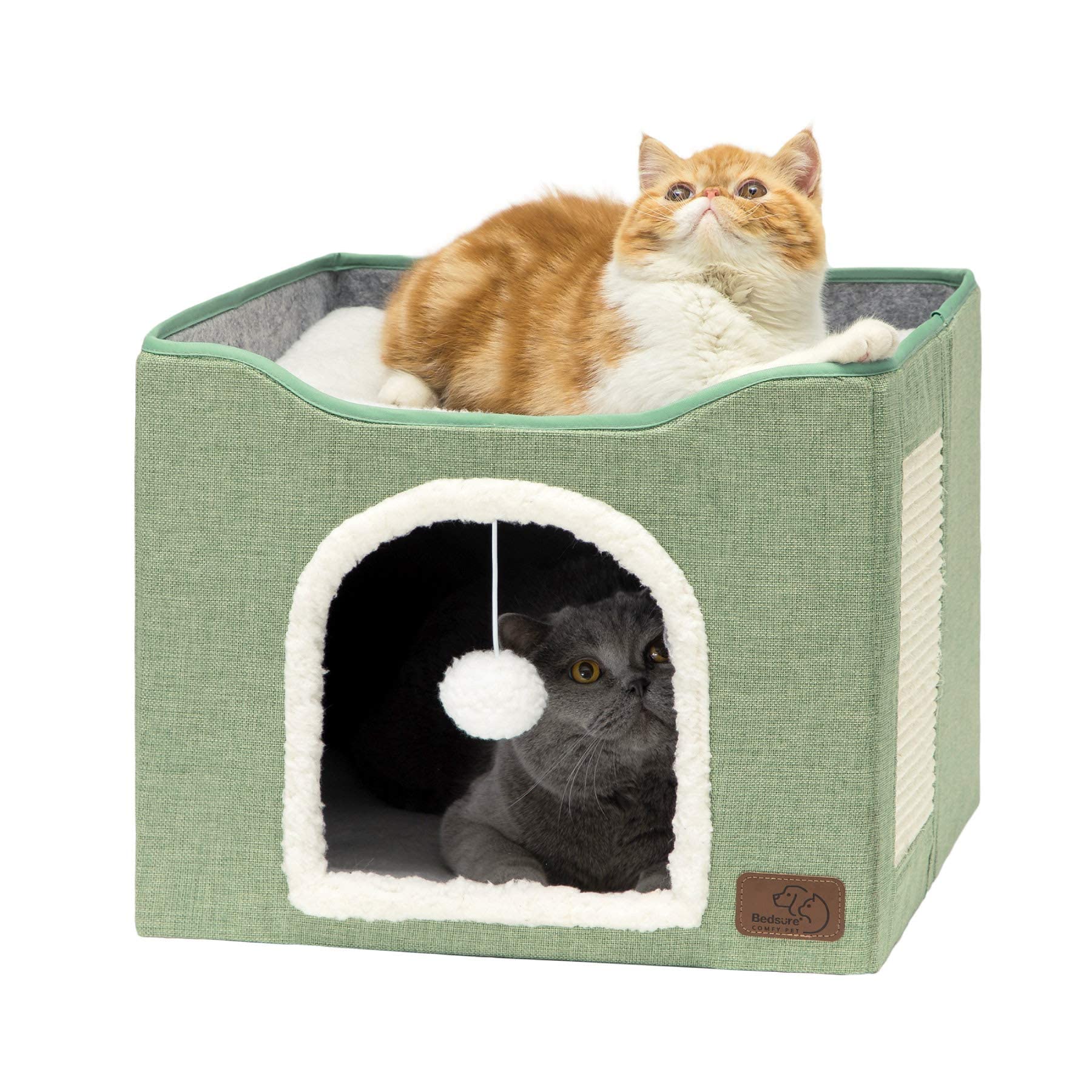 Bedsure Cat Beds For Indoor Cats - Large Cat Cave For Pet Cat House With Fluffy Ball Hanging And Scratch Pad, Foldable Cat Hideaway,16.5X16.5X13 Inches, Green