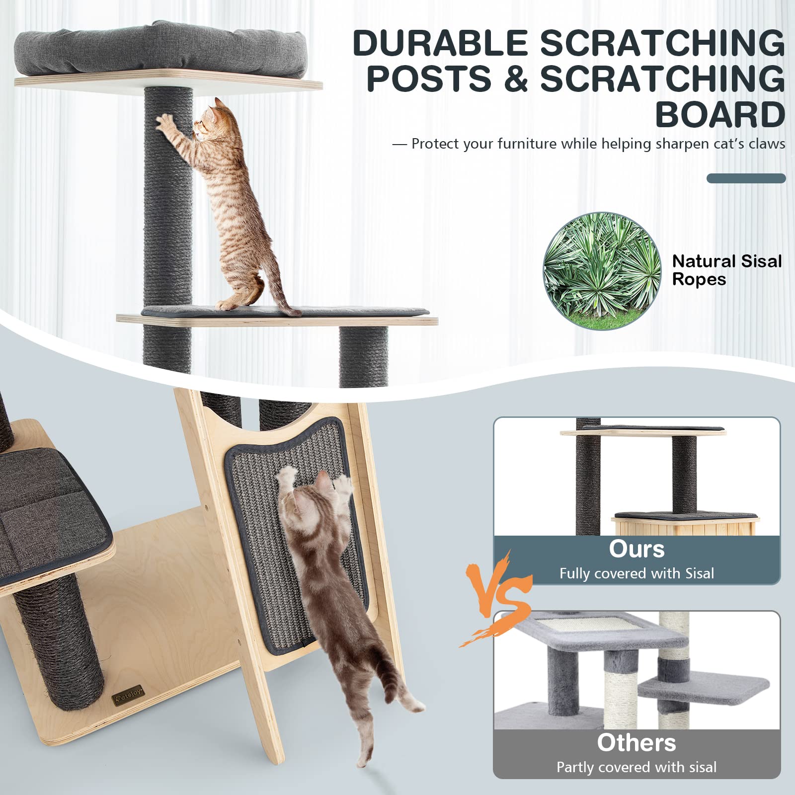 Petsite 69' Tall Wooden Cat Tree Tower, Modern Cat Activity Center Tree With Sisal Posts & Scratch Board, Condo & Top Perch For Kitchen & Large Cat, Grey
