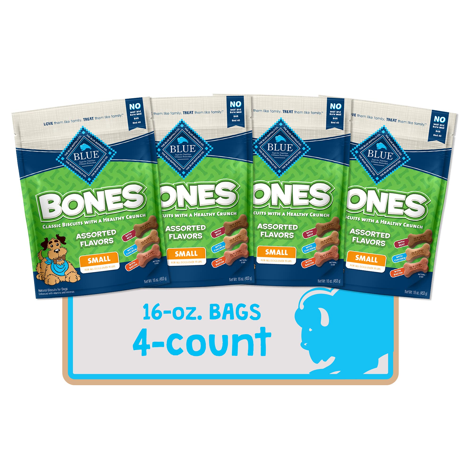 Blue Buffalo Bones Small Natural Dog Treats, Crunchy Dog Biscuits, Assorted Flavors - Beef, Chicken, Bacon Flavors, 16-oz. Bag (