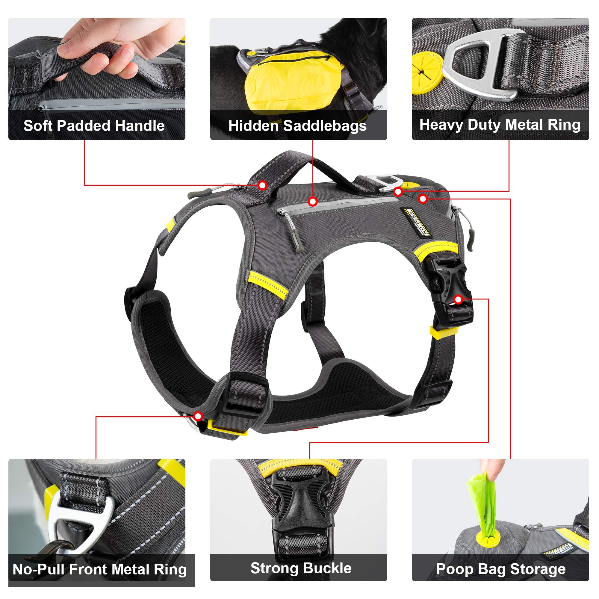 Fida Dog Harness, Multi-Functional No-Pull Pet Vest Harness with Saddle Bags Backpack, Front Leash Clip, Adjustable Soft Padded