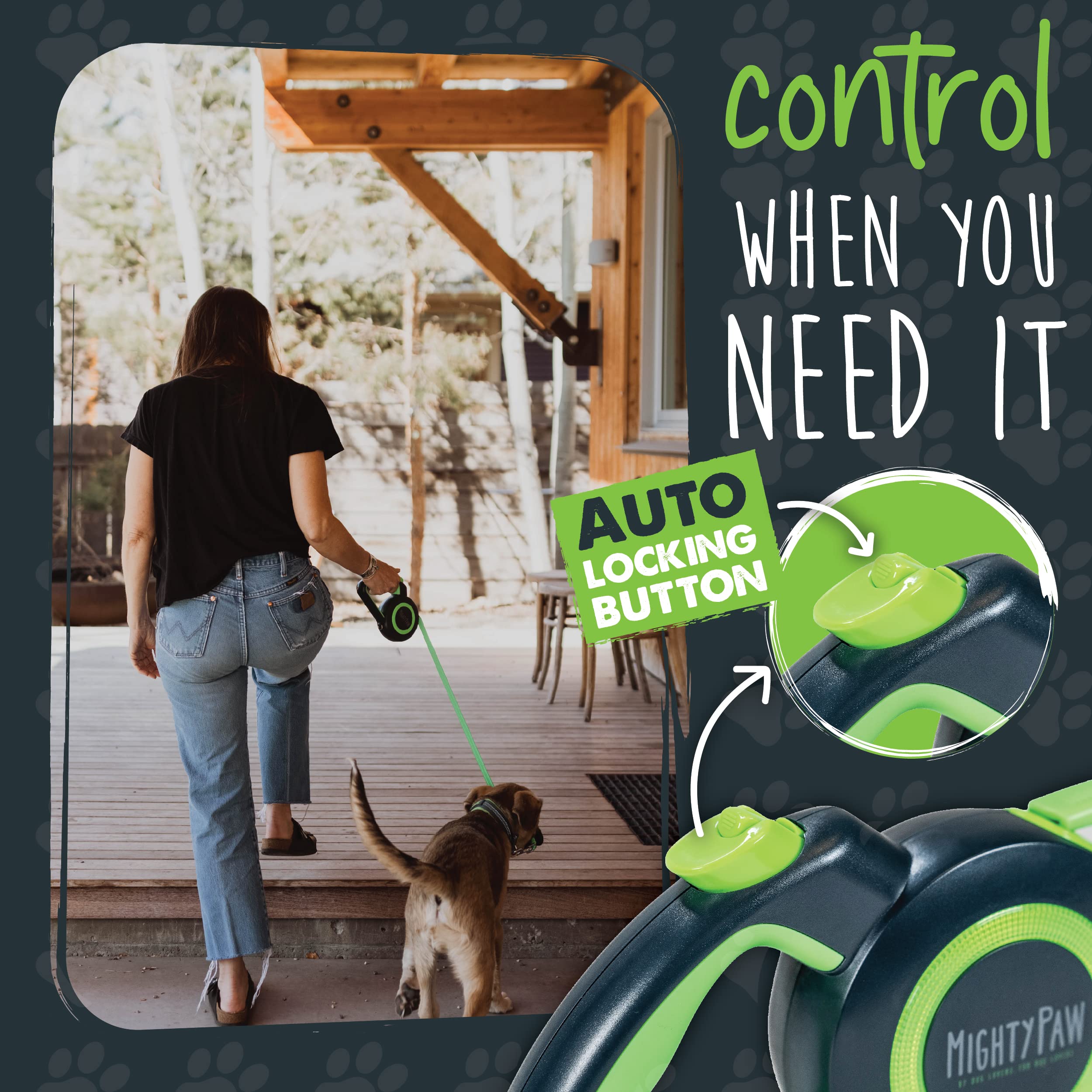 Mighty Paw Retractable Dog Leash 2.0 - Auto-Locking Button For The Control When You Need - Stainless Steel Coil For Smooth Retraction - Super Reflective Ring For Nighttime Visibility - No More Tangle
