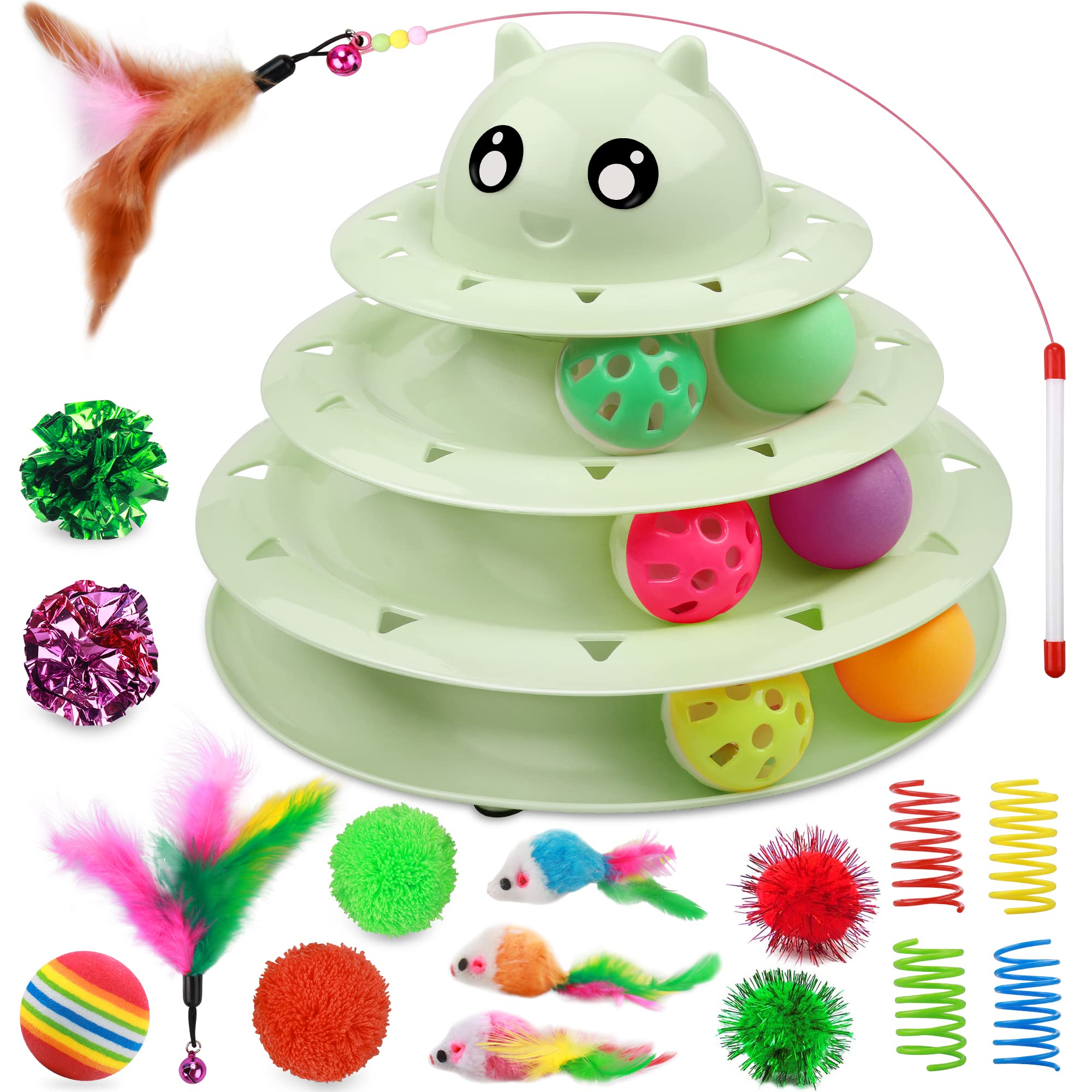 UPSKY 20 PCS Cat Toys  3Level Turntable Roller With Balls for Indoor Cats, Kitten Set With Teaser, Mice, Spring, and Various B