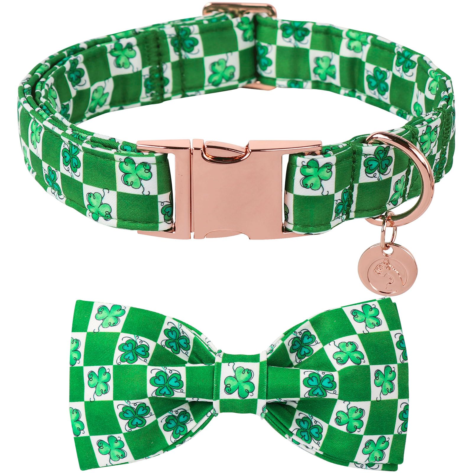 Dogwong St.Patrick'S Day Dog Collar Green Clovers Plaid Bowtie Dog Necklace Adjustable Dog Collar Bow Tie For Small Medium Large
