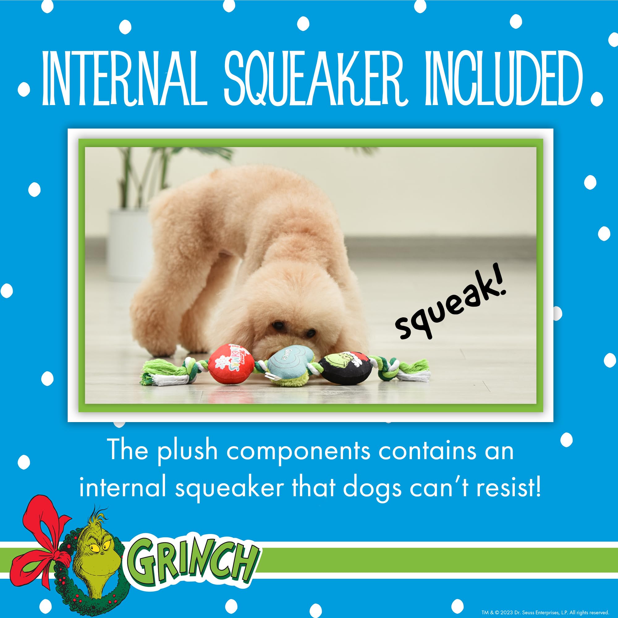 Dr. Seuss For Pets How The Grinch Stole Christmas 14” Grinch Rope Toy For Dogs | Squeaky Dog Toys, Rope Dog Toys, Holiday Toys For Dogs, Pet Christmas Stocking Gifts | The Grinch Dog Toys
