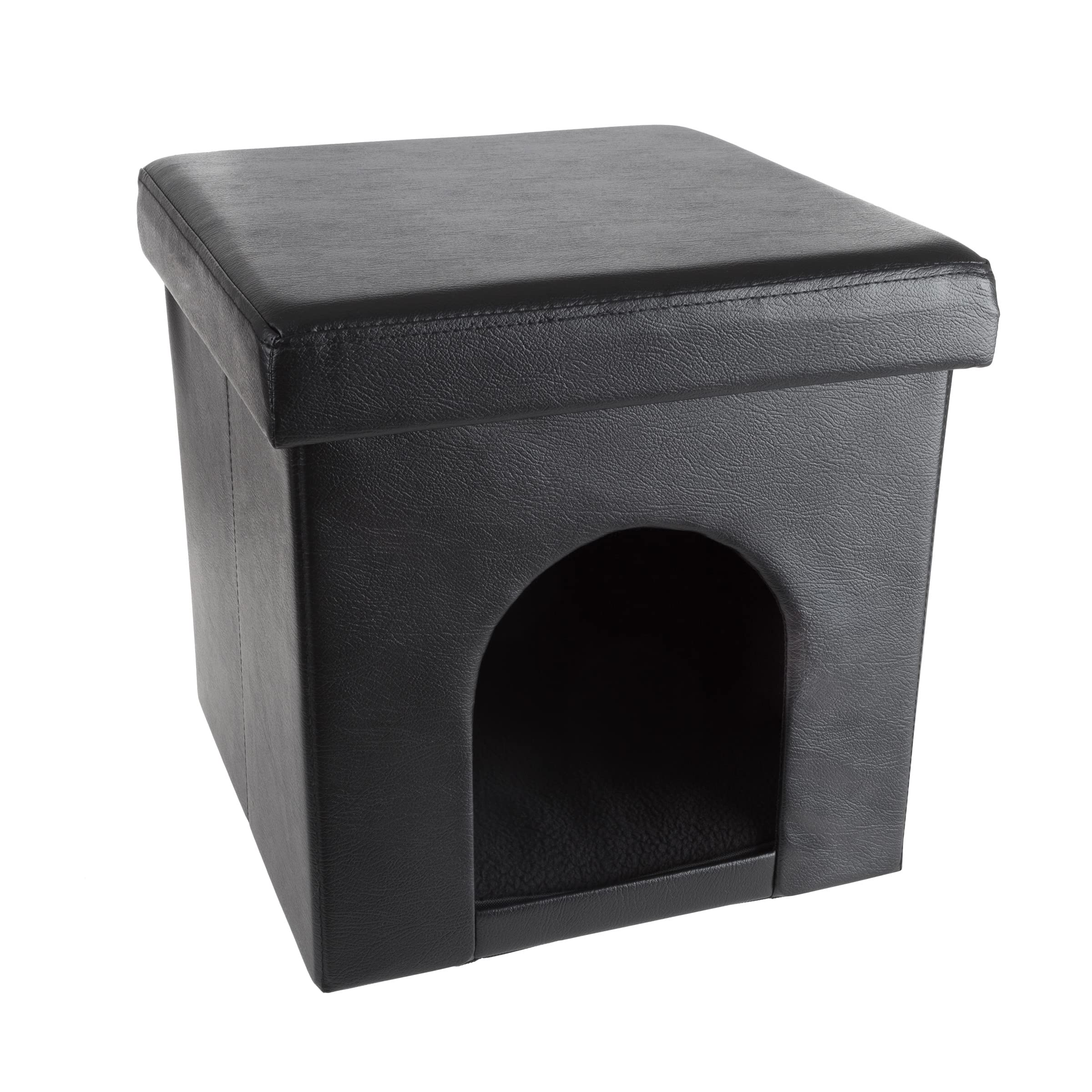 Cat House – Collapsible Multipurpose Small Dog Or Cat Ottoman With Footrest, Cushioned Top, And Interior Pillow By Petmaker (Black)
