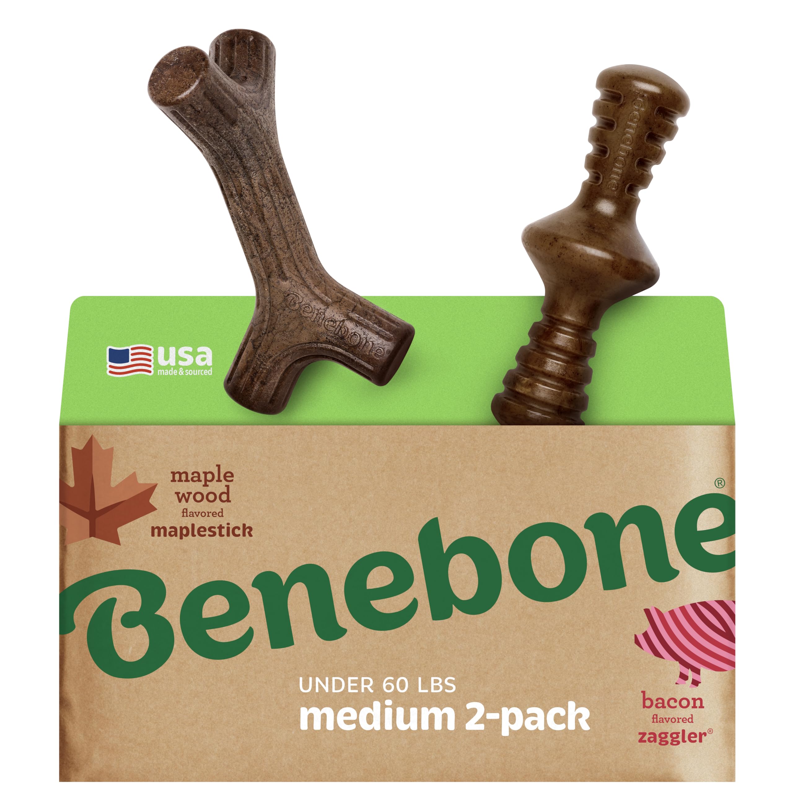 Benebone 2-Pack Maplestick/Zaggler Durable Dog Chew Toys, Real Maplewood, Real Bacon, Made In Usa Medium