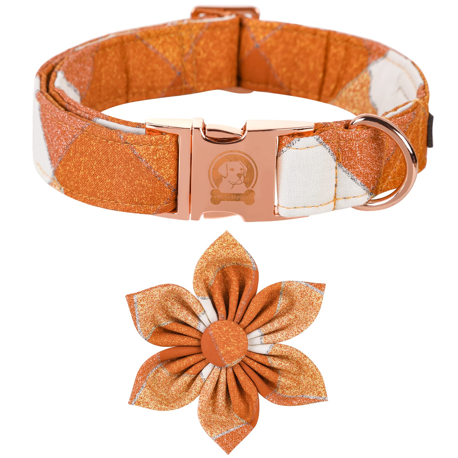 Fall Dog Collar With Flower, Orange Plaid Flower Dog Collar, Boy Girl Dog Collars For Small Medium Large Dogs