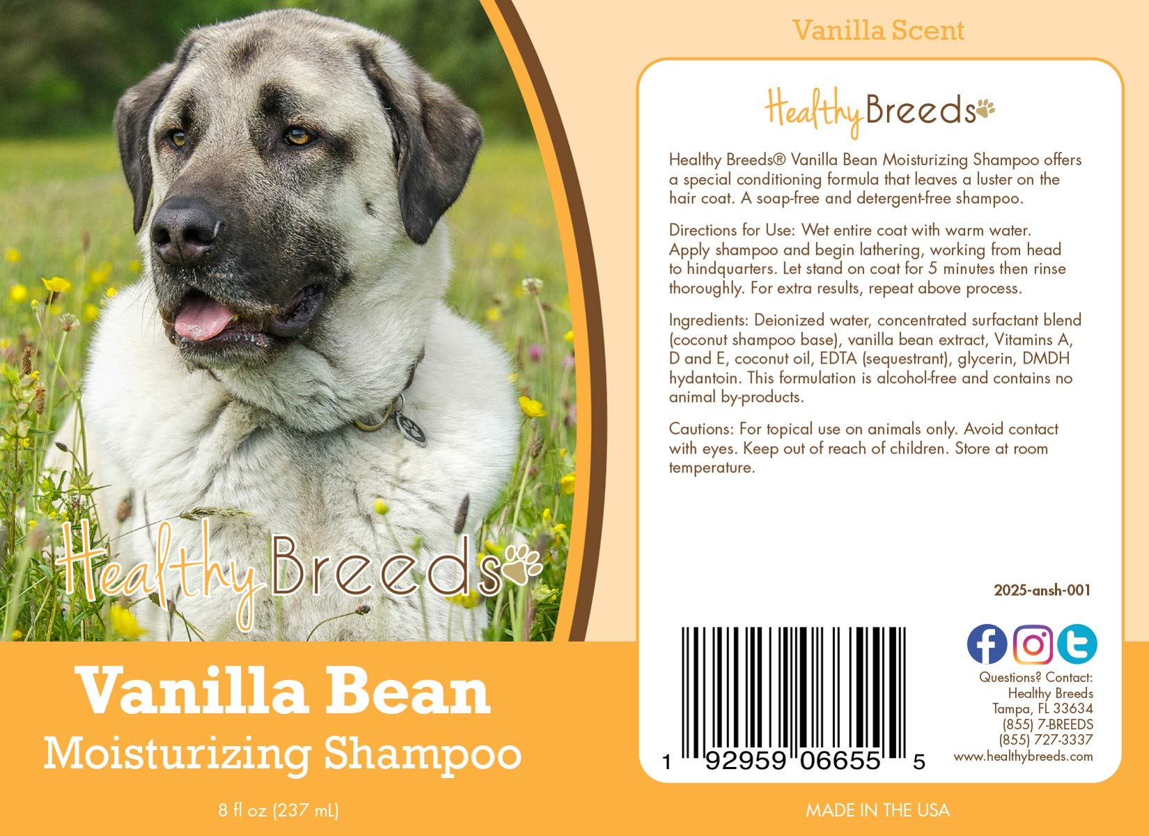 Healthy Breeds Anatolian Shepherd Dog Vanilla Bean Moisturizing Shampoo + Conditioner - With Vitamins A, D, E + Coconut Oil - 8
