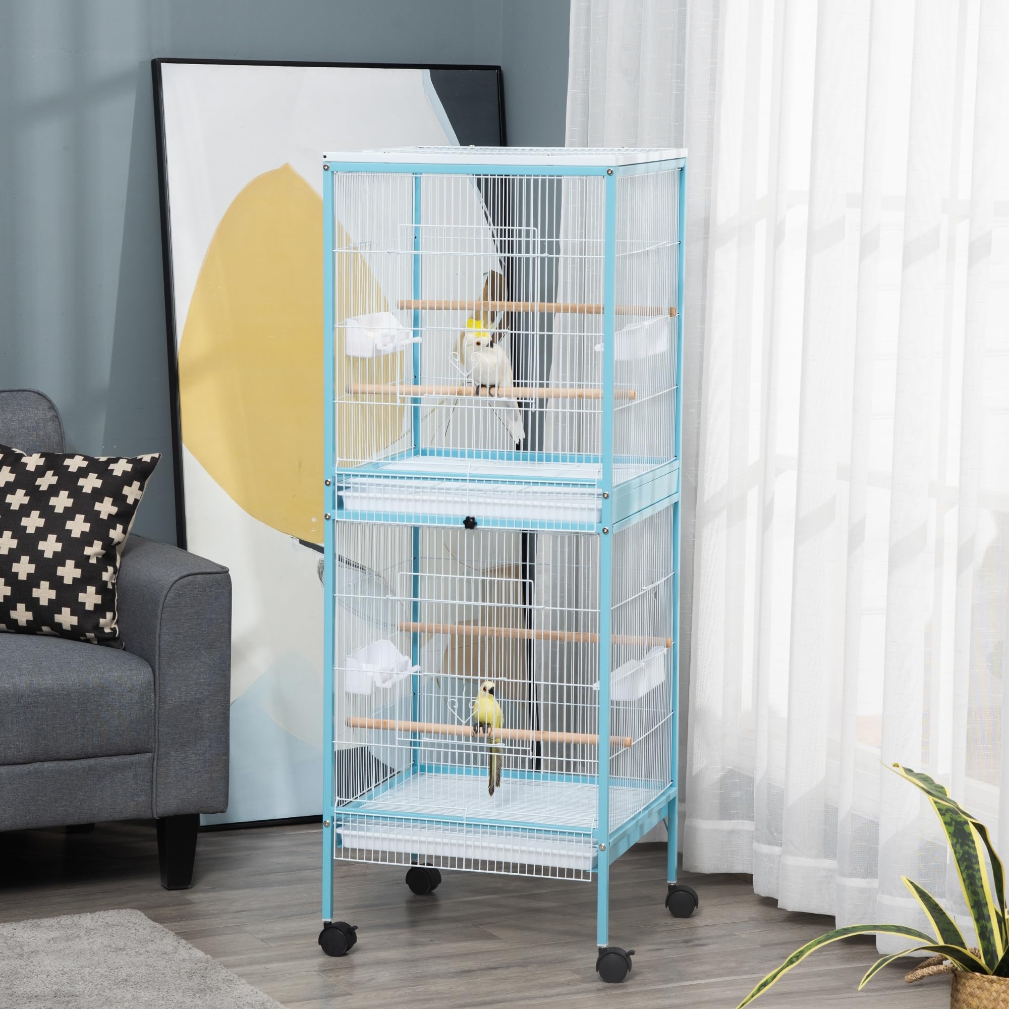 PawHut Large Bird Cage with 1.7 ft. Width for Wingspan, Bird Aviary Indoor with Multi-Door Design, Fit for a Canary, Finch, Conu