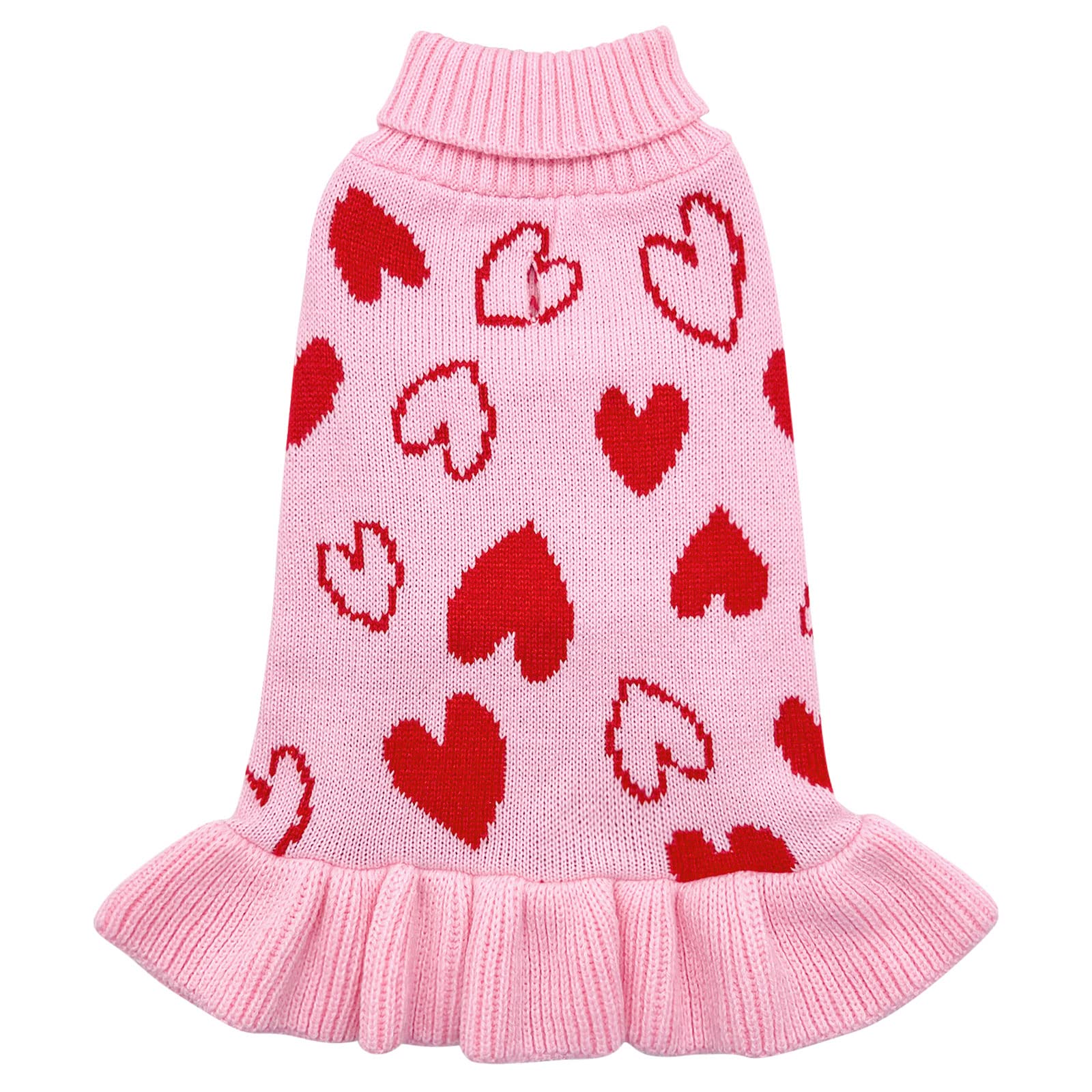 Cyeollo Dog Sweater Dress Dog Clothes Pullover Turtleneck With Leash Hole Heart Pattern Holiday Outfit Female Pet Apparel Valent
