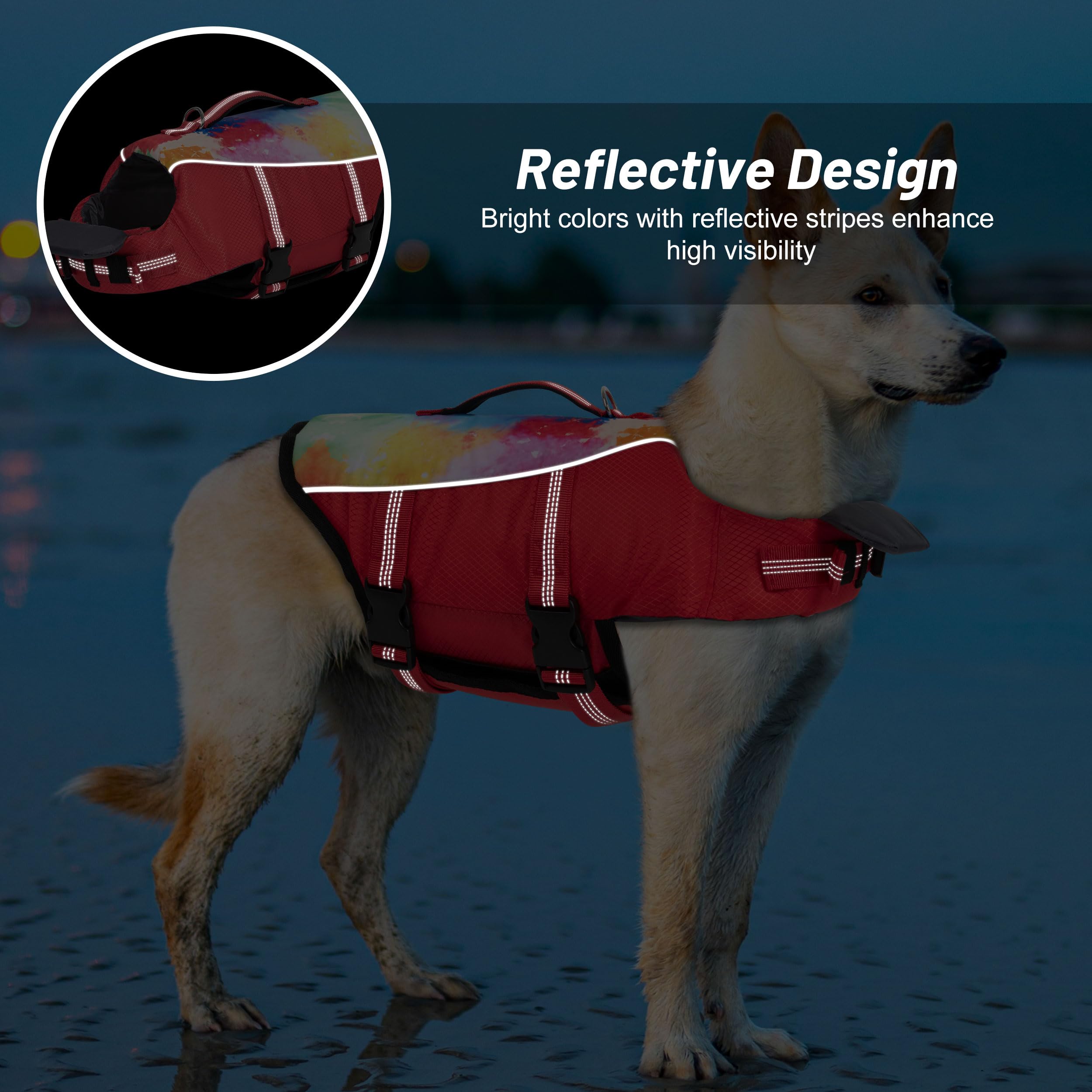 Cyeollo Life Vests For Boating - High Buoyancy Dog Life Jacket With Chin Float, Adjustable, Tie Dye Red L