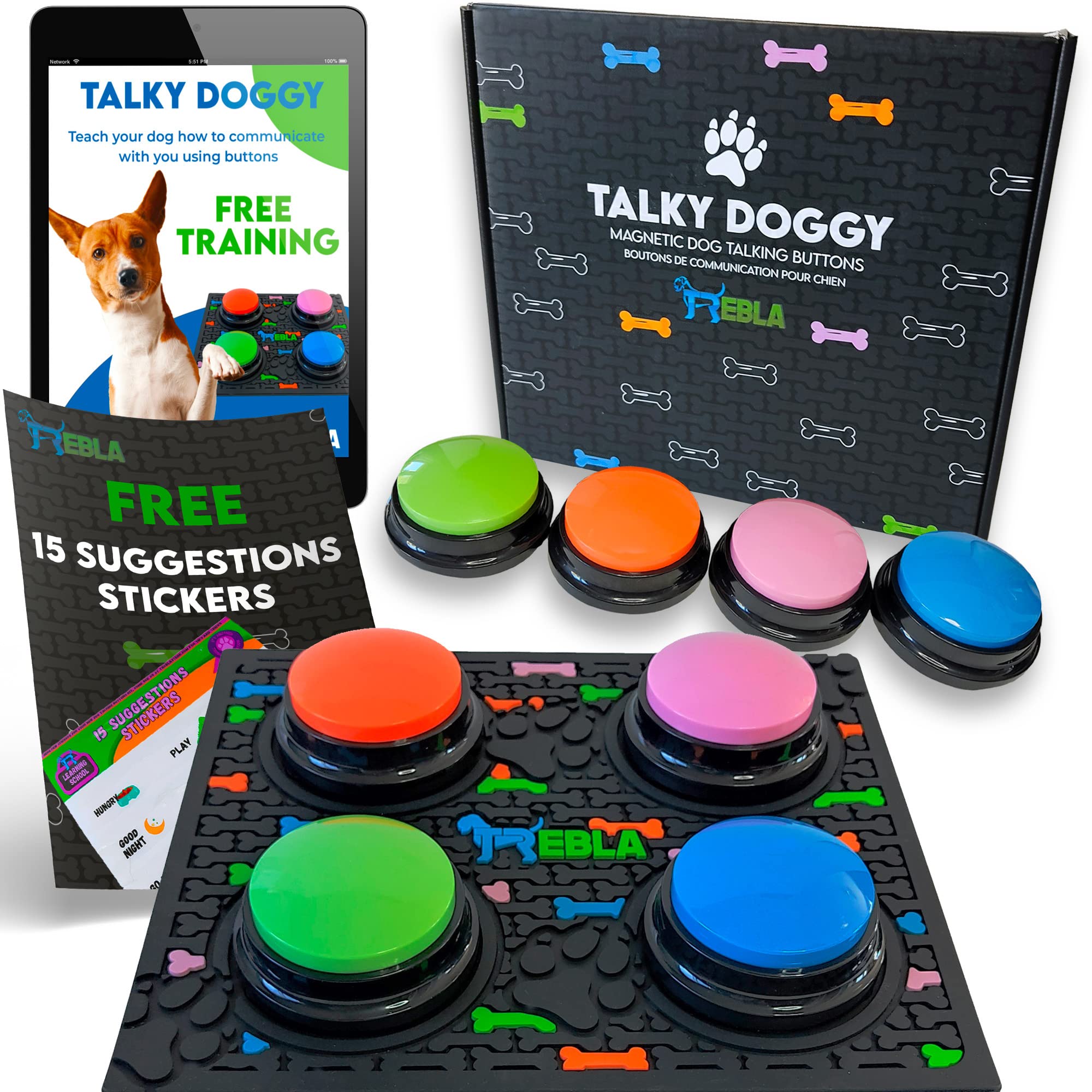 Trebla Magnetic Dog Talking Button Set–Dog Buttons For Communication | 4 Speaking Buttons, Rubber Mat, 15 Suggestion Stickers |Pet Talk Training Button |Voice Recording And Playback