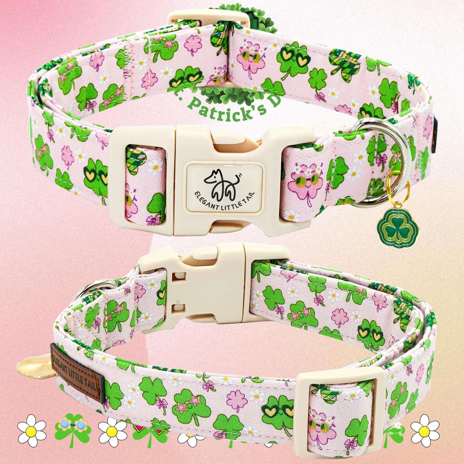 Elegant Little Tail St Patrick'S Dog Collar-Cute Colver Cotton Shamrock Pet Collar Trefoil Pink Holiday Adjustable Cotton Pet Co