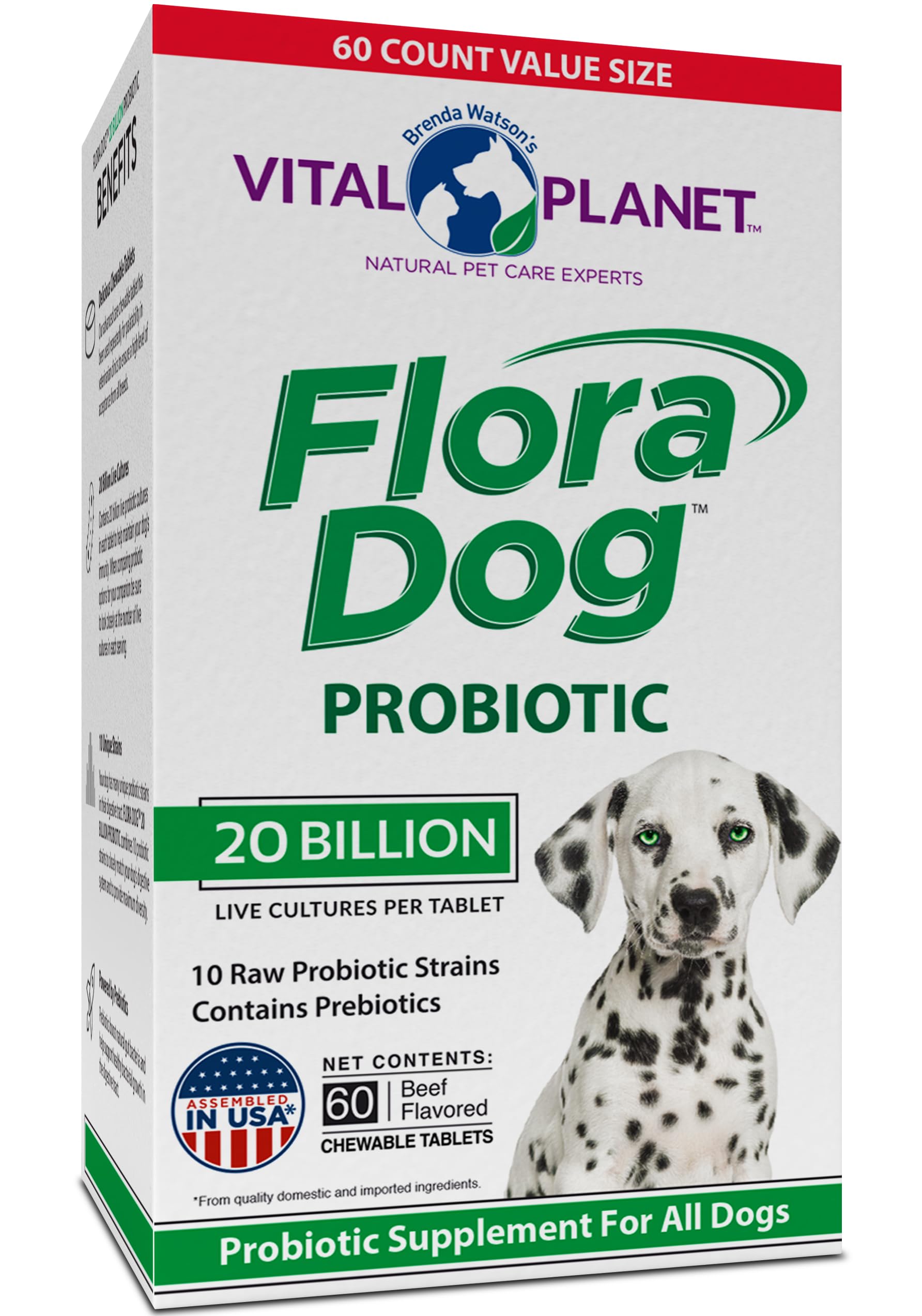 Vital Planet - Flora Dog Probiotic Chewable Tablets Supplement with 20 Billion Cultures and 10 Strains, High Potency Immune and 